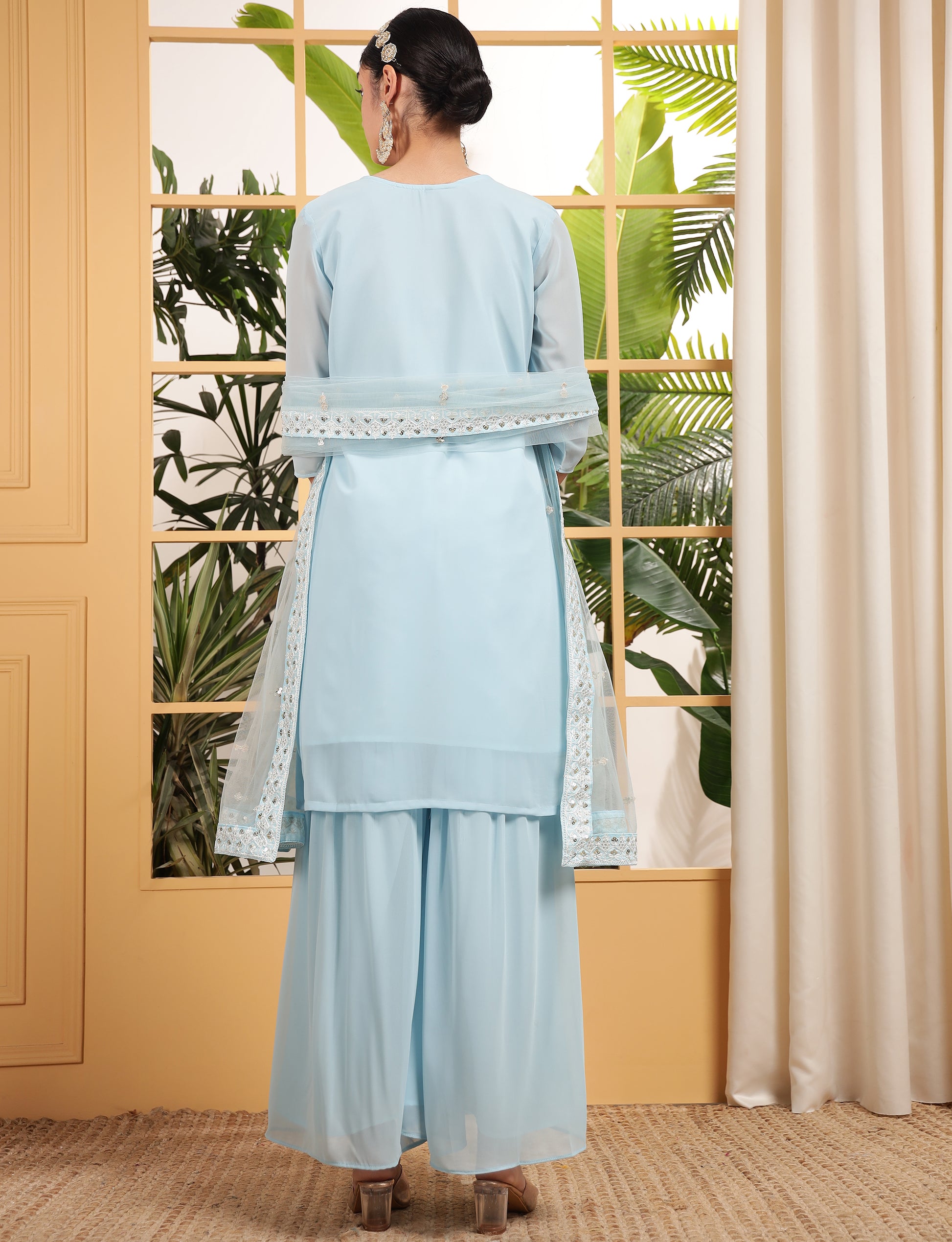 Captivating Sky Blue Sequins Embroidered Georgette Sharara Suit With Dupatta