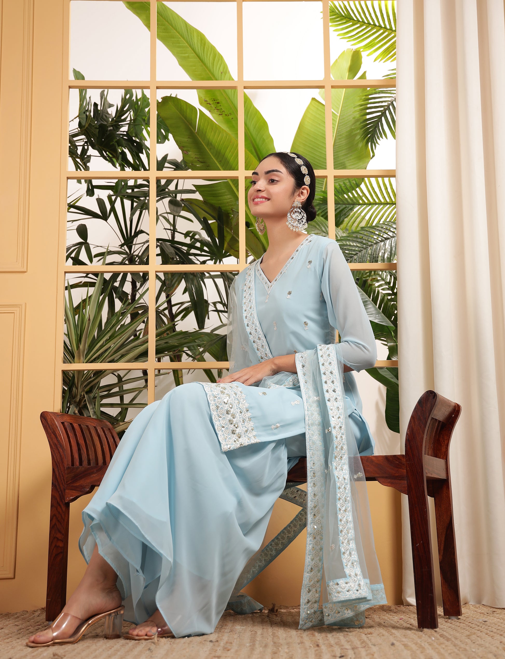 Captivating Sky Blue Sequins Embroidered Georgette Sharara Suit With Dupatta