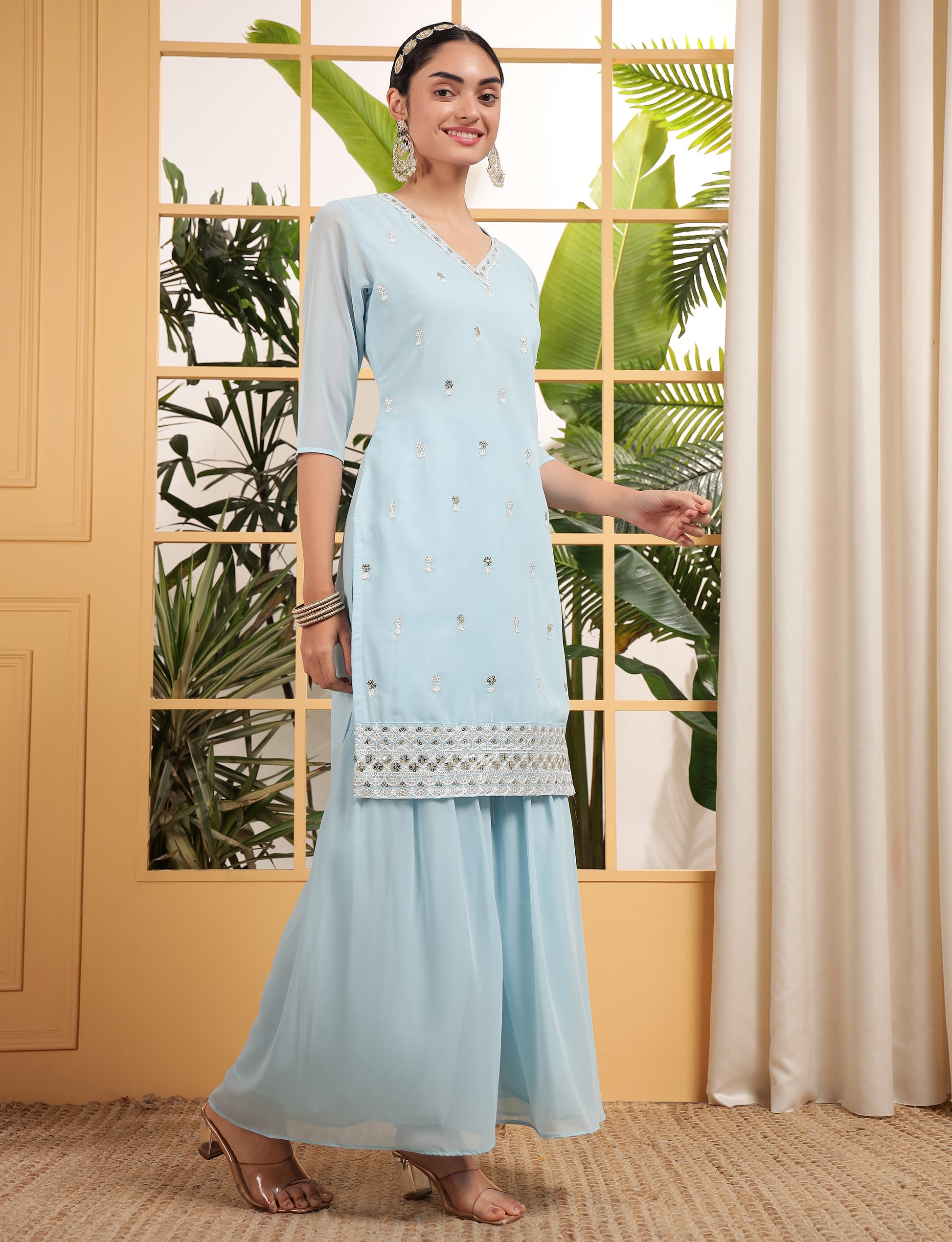 Captivating Sky Blue Sequins Embroidered Georgette Sharara Suit With Dupatta