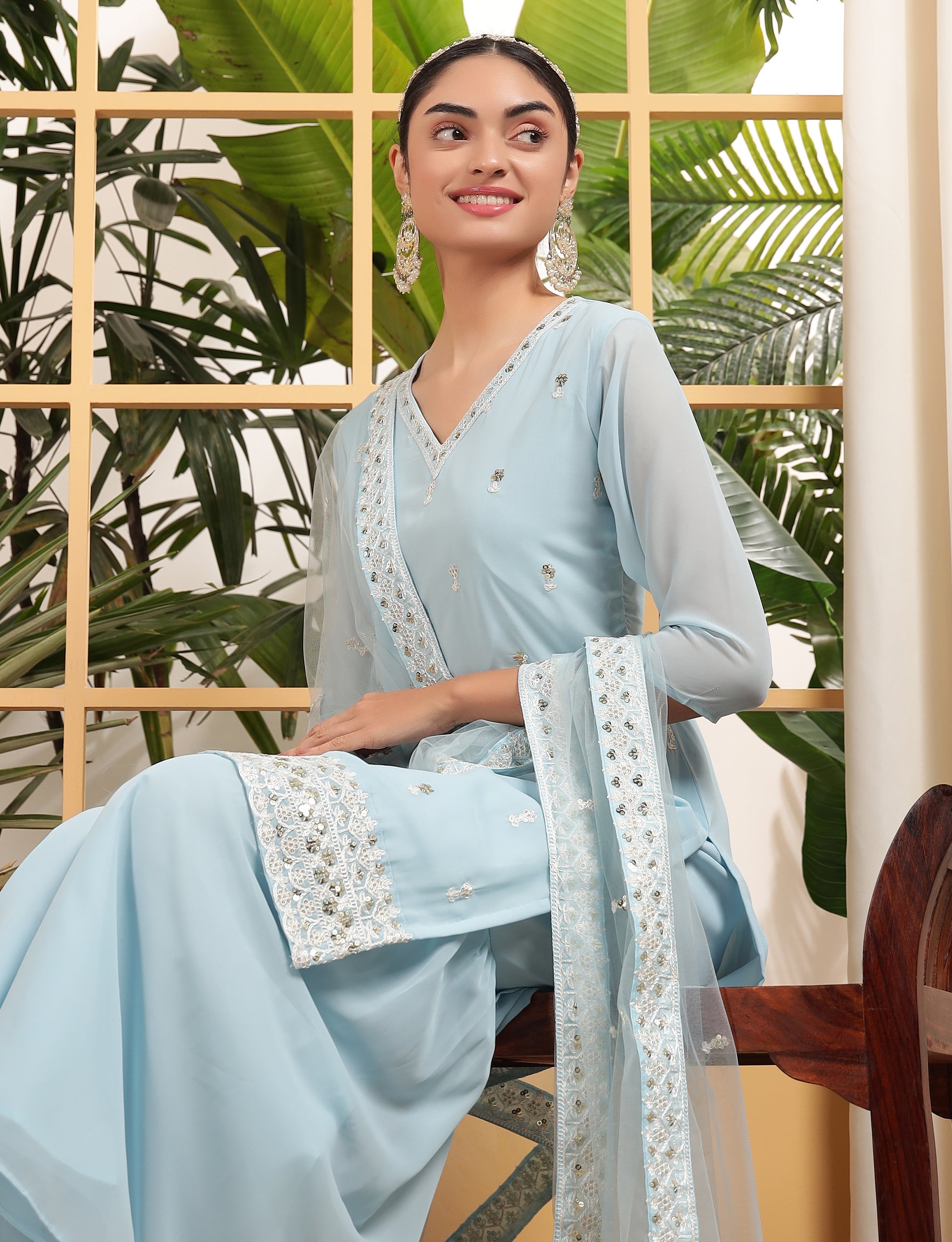 Captivating Sky Blue Sequins Embroidered Georgette Sharara Suit With Dupatta