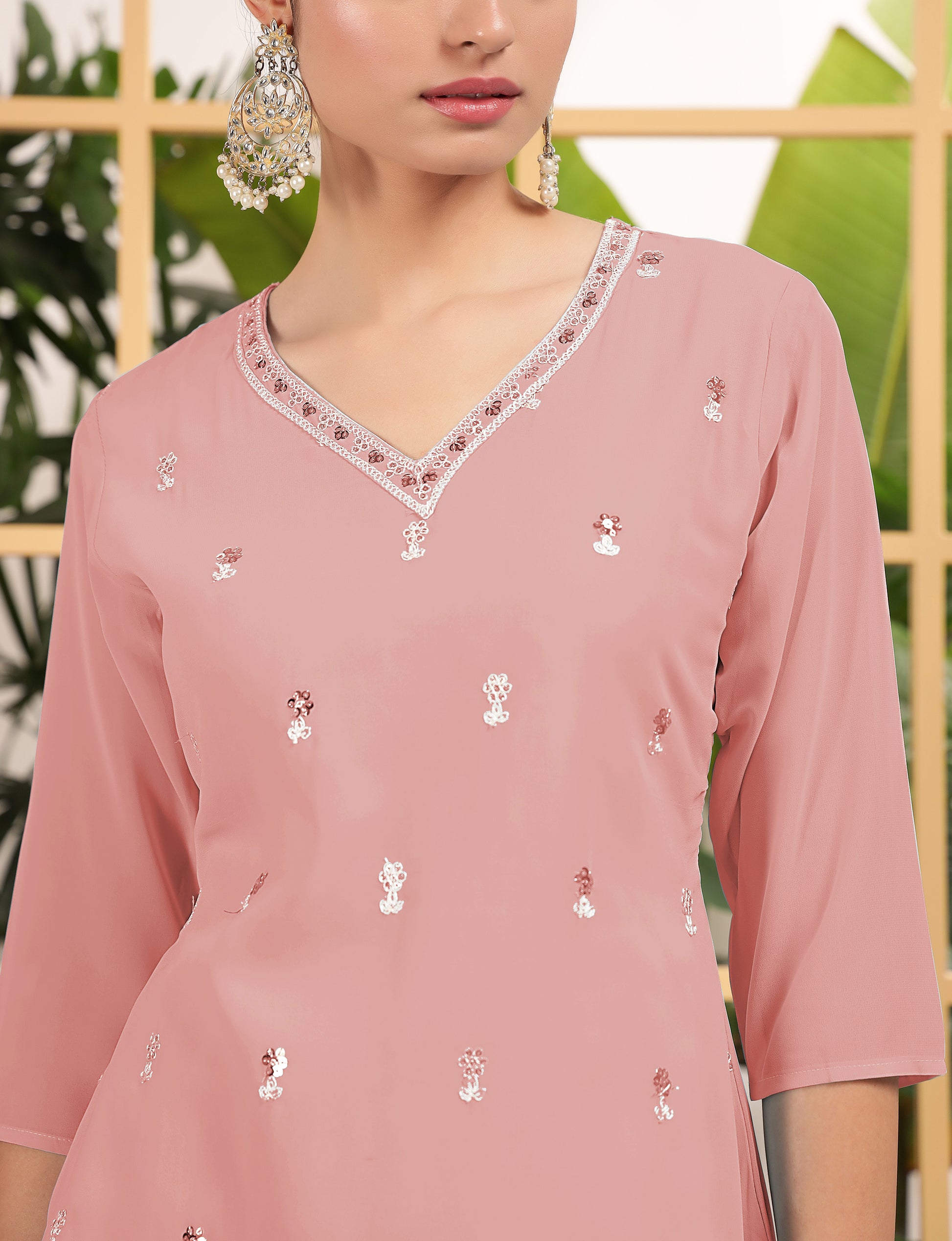 Alluring Peach Sequins Georgette Festive Wear Sharara Suit With Dupatta