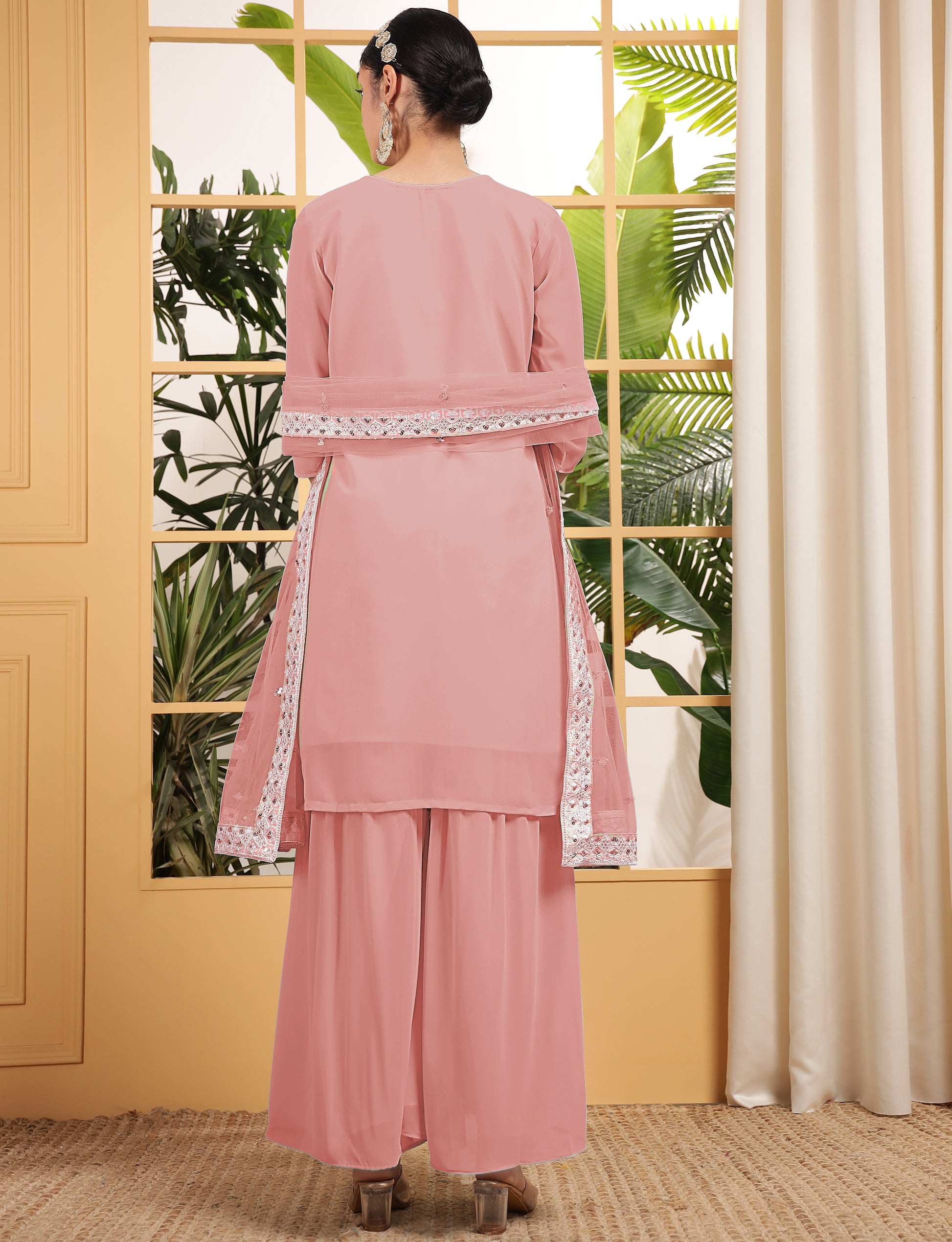 Alluring Peach Sequins Georgette Festive Wear Sharara Suit With Dupatta