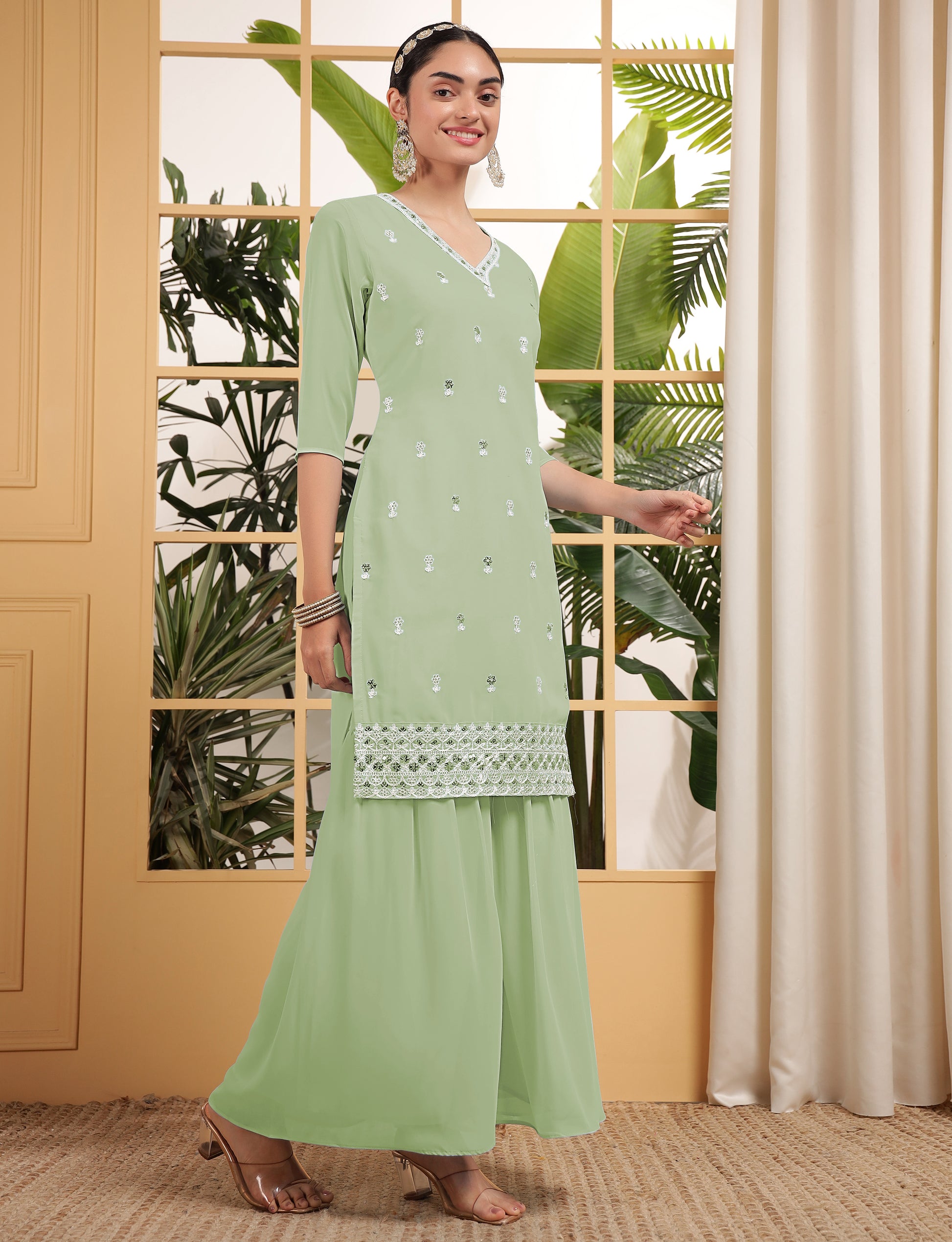 Fascinating Pista Green Sequins Georgette Eid Special Sharara Suit With Dupatta