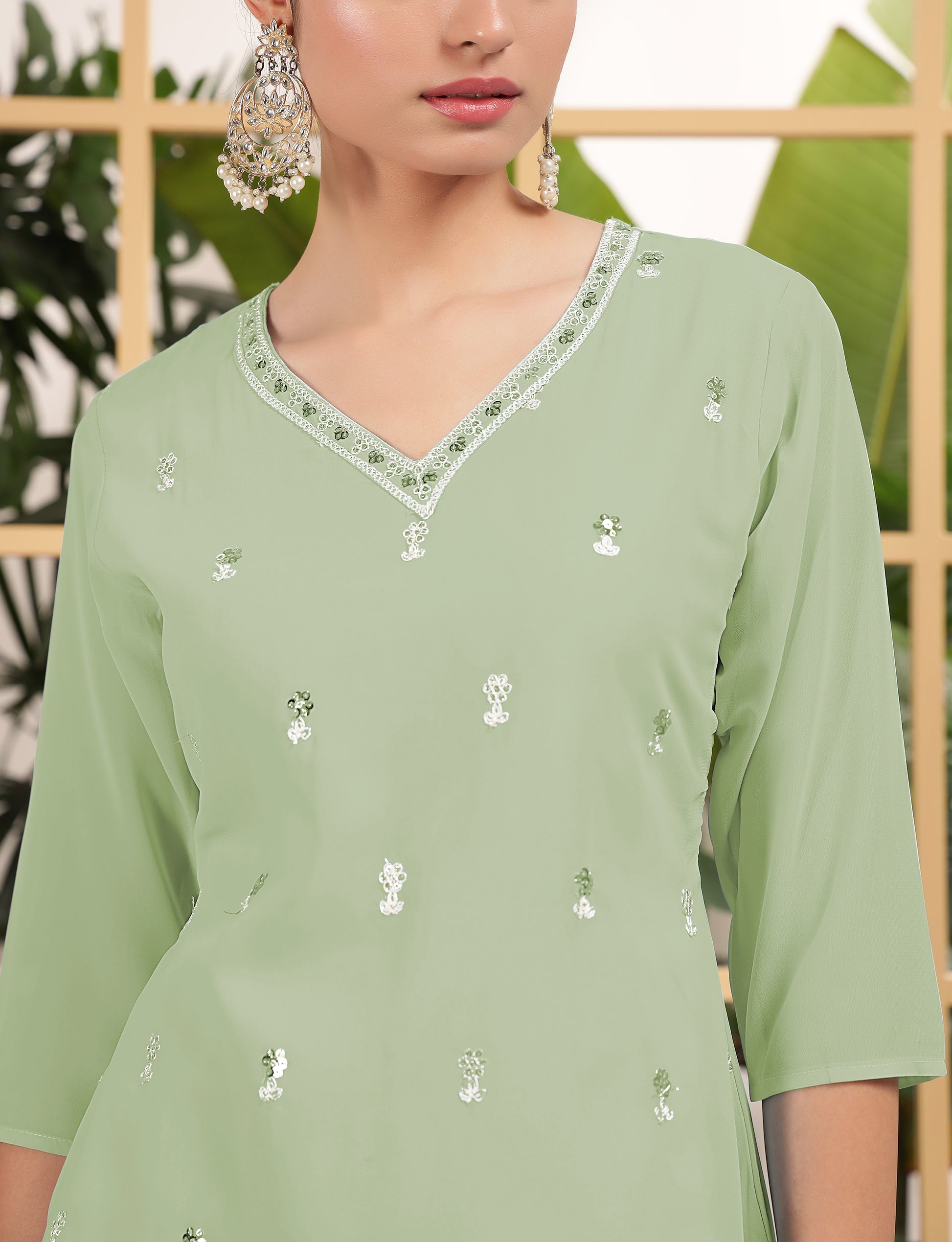 Fascinating Pista Green Sequins Georgette Eid Special Sharara Suit With Dupatta