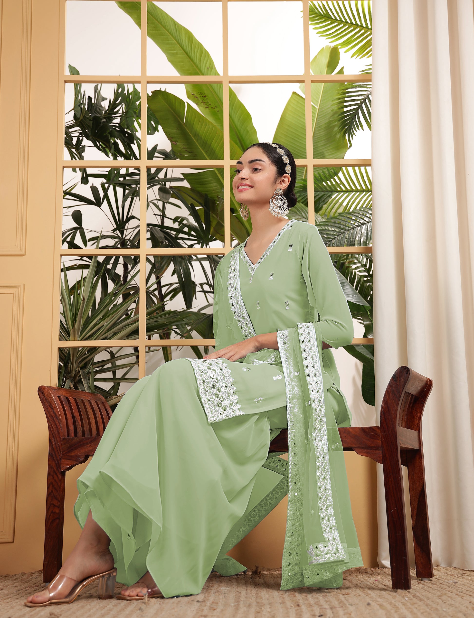Fascinating Pista Green Sequins Georgette Eid Special Sharara Suit With Dupatta