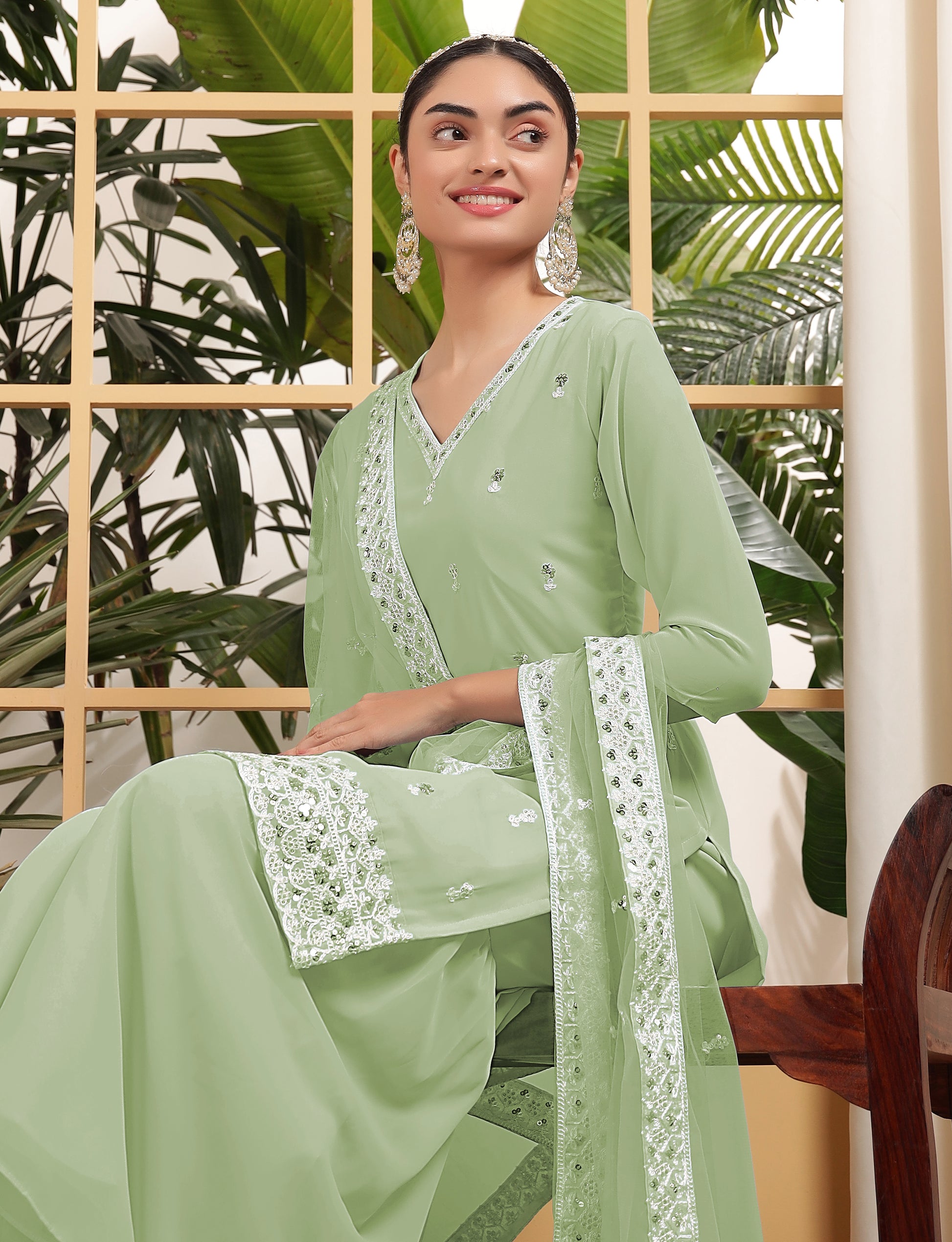 Fascinating Pista Green Sequins Georgette Eid Special Sharara Suit With Dupatta