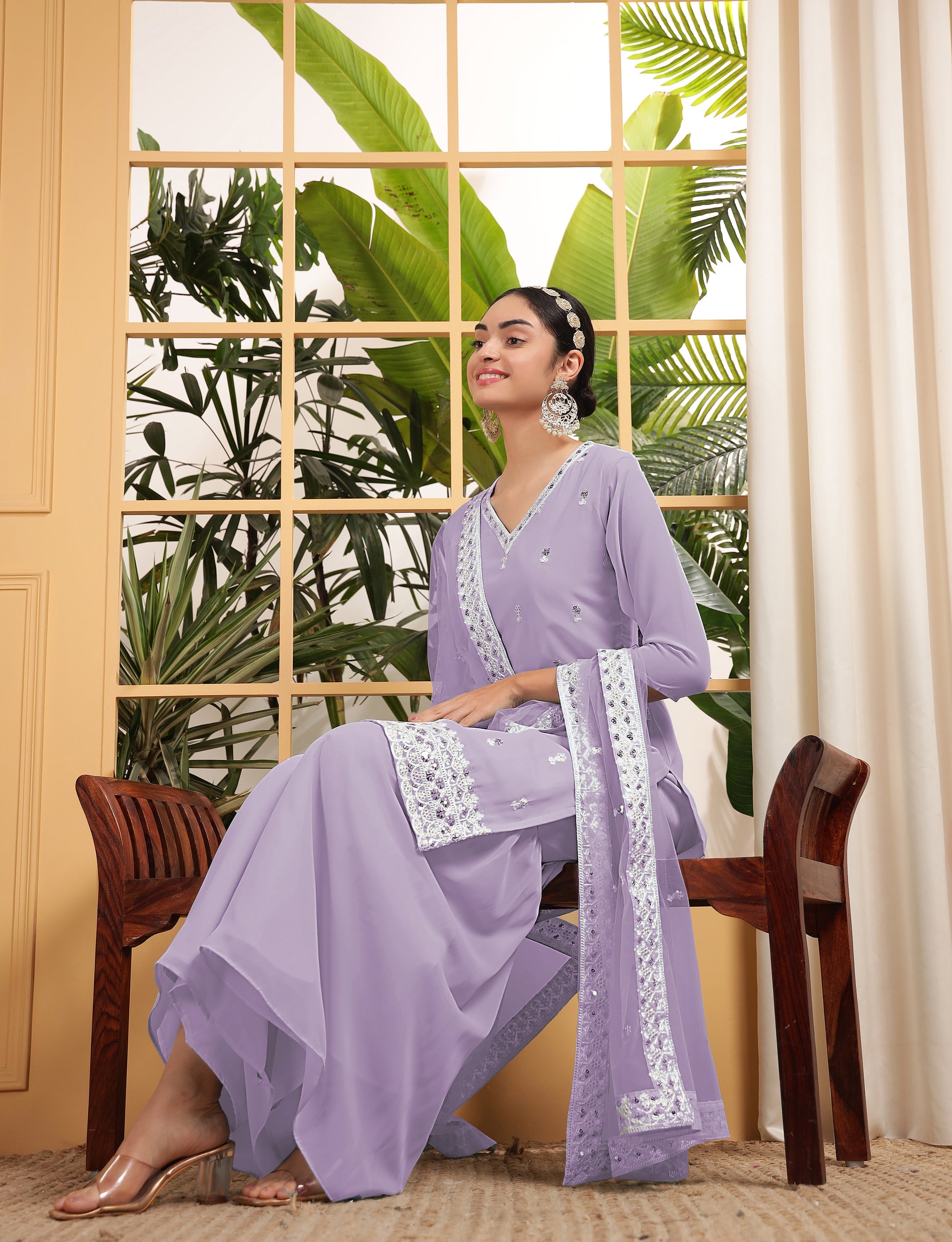Bewitching Purple Sequins Georgette Event Wear Sharara Suit With Dupatta