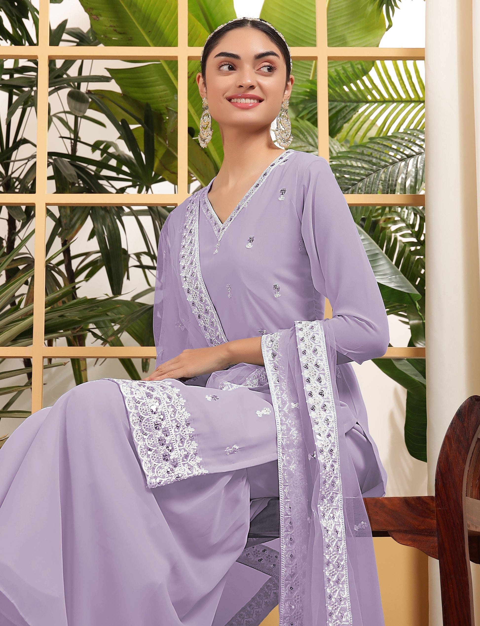 Bewitching Purple Sequins Georgette Event Wear Sharara Suit With Dupatta