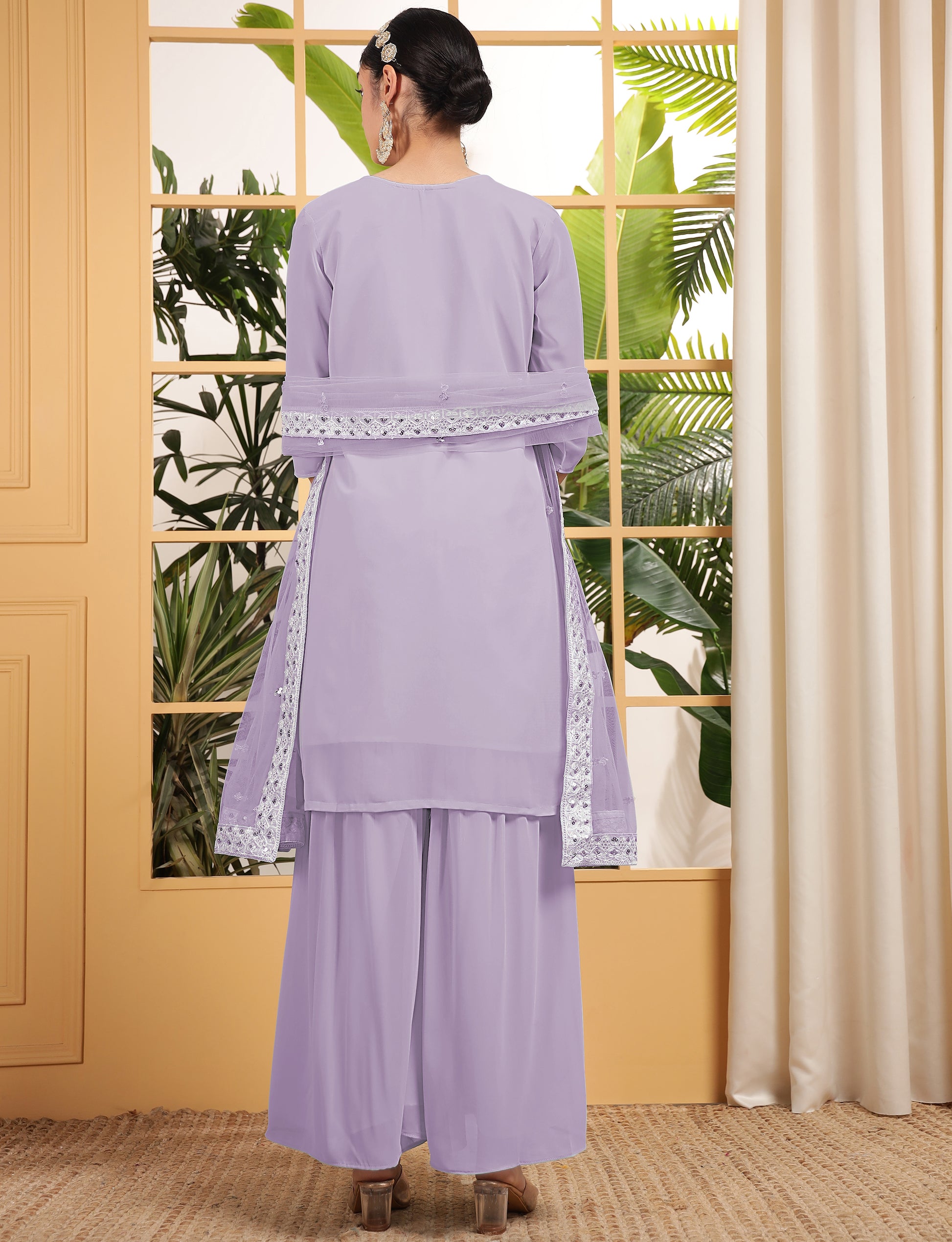 Bewitching Purple Sequins Georgette Event Wear Sharara Suit With Dupatta
