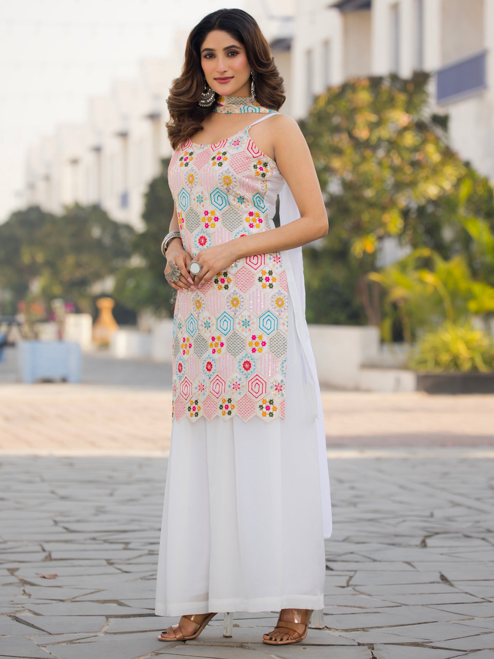 Fabulous White Floral Embroidered Chinon Festive Wear Palazzo Suit