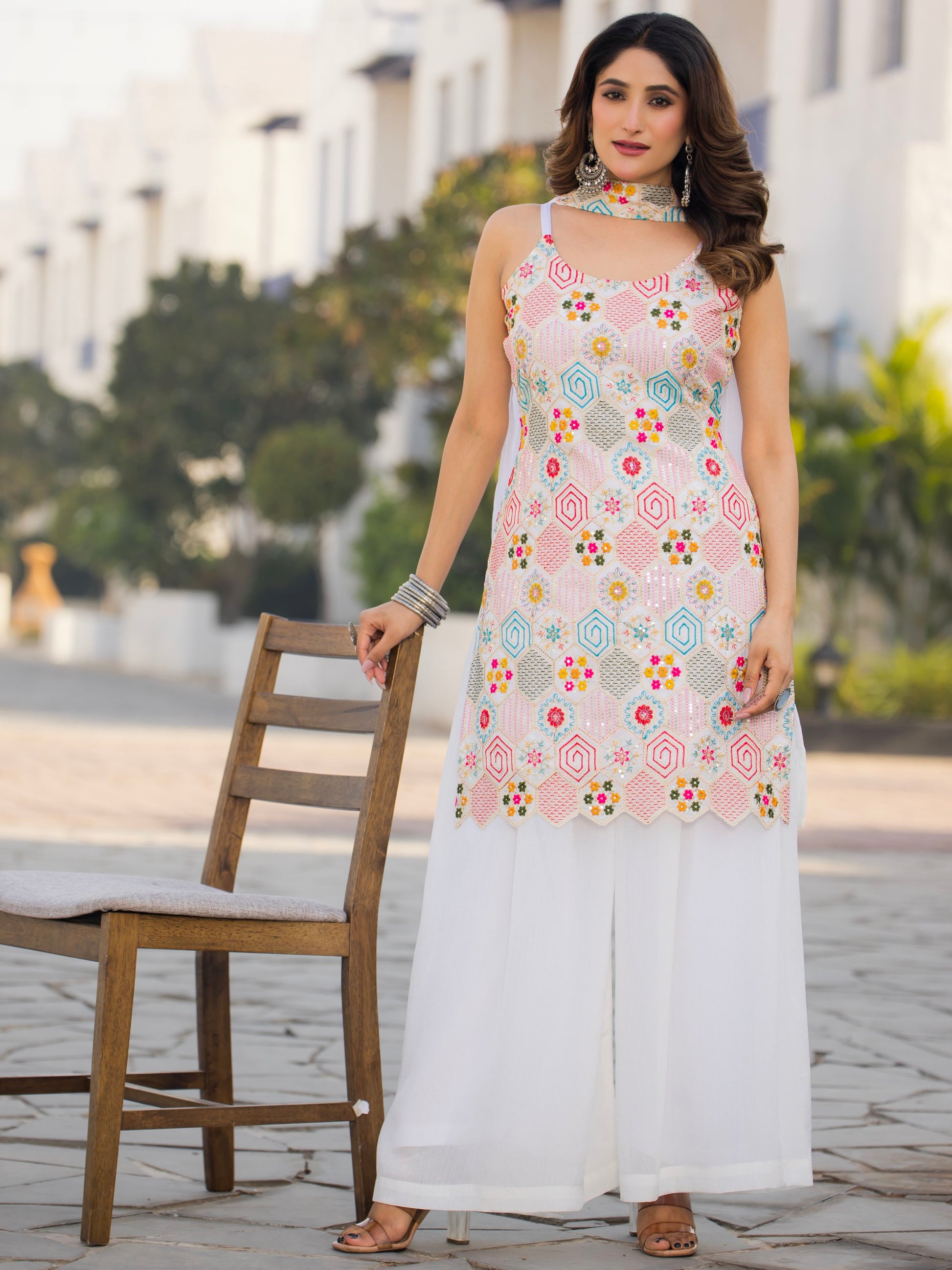 Fabulous White Floral Embroidered Chinon Festive Wear Palazzo Suit