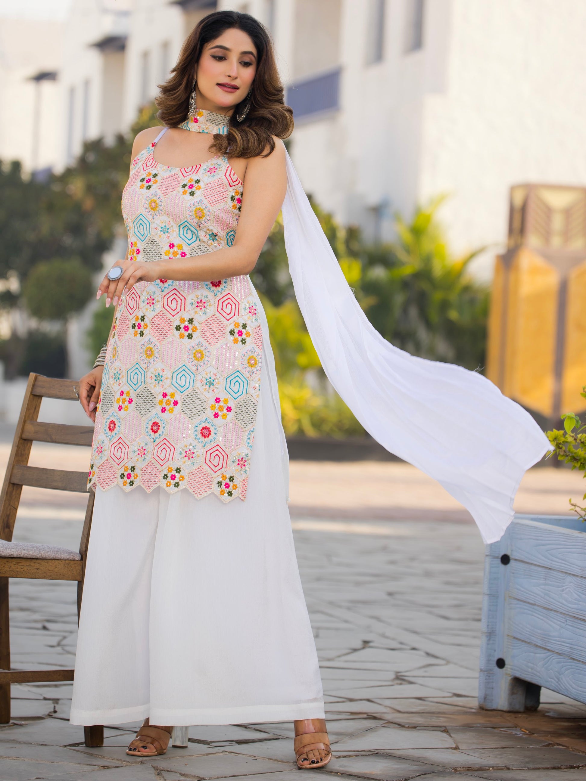 Fabulous White Floral Embroidered Chinon Festive Wear Palazzo Suit