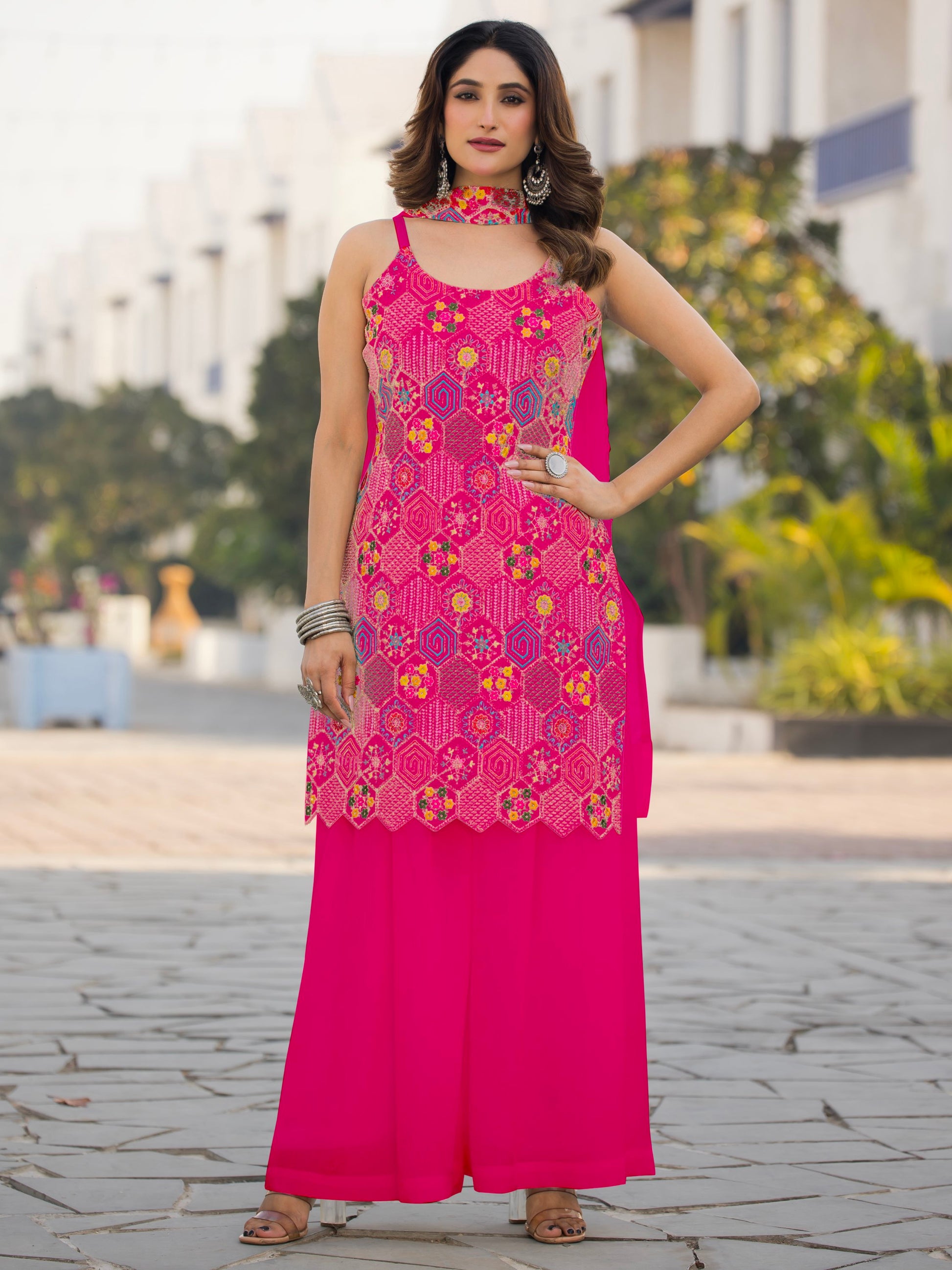 Pretty Pink Thread Embroidered Chinon Palazzo Suit With Dupatta