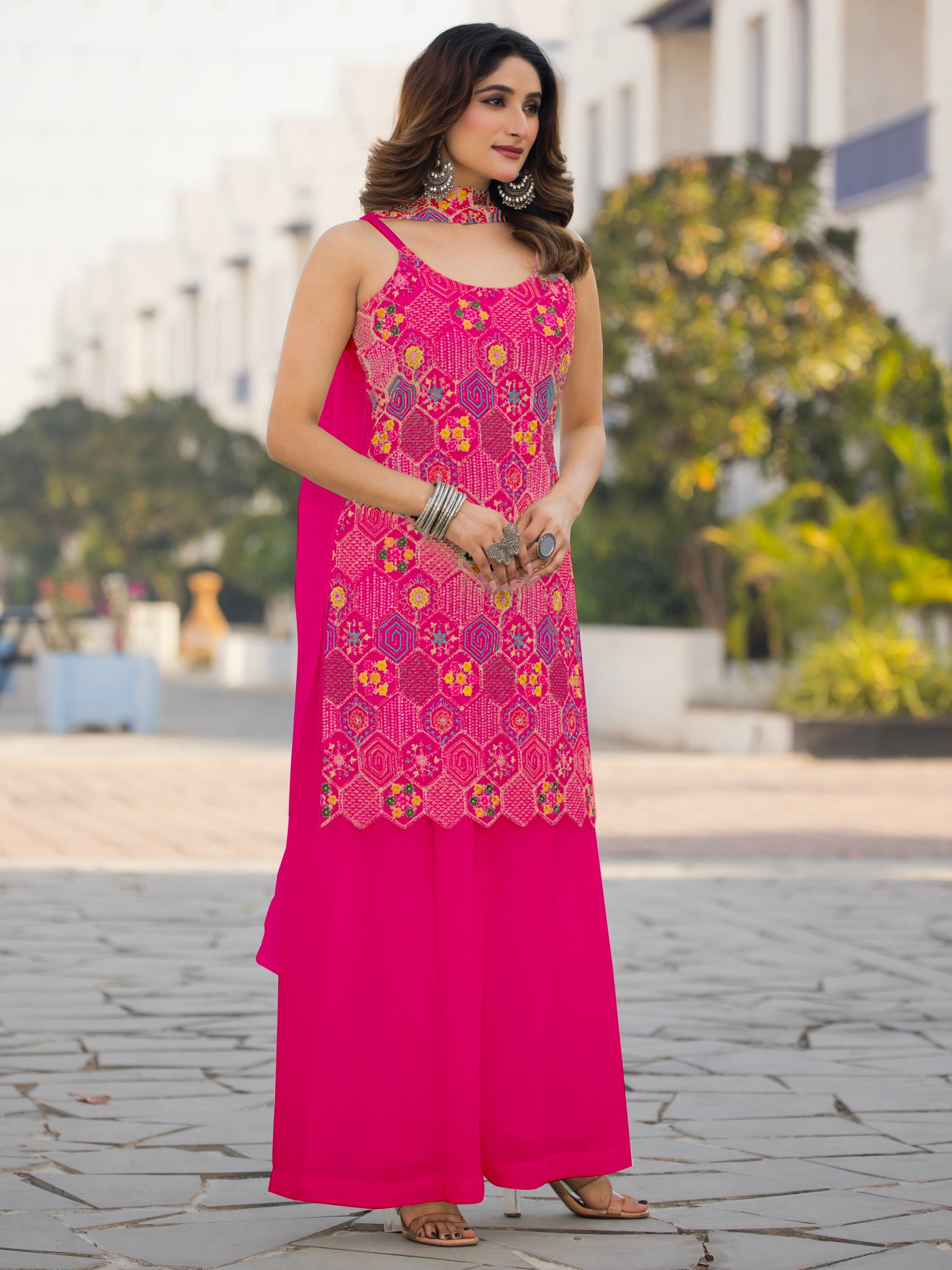 Pretty Pink Thread Embroidered Chinon Palazzo Suit With Dupatta