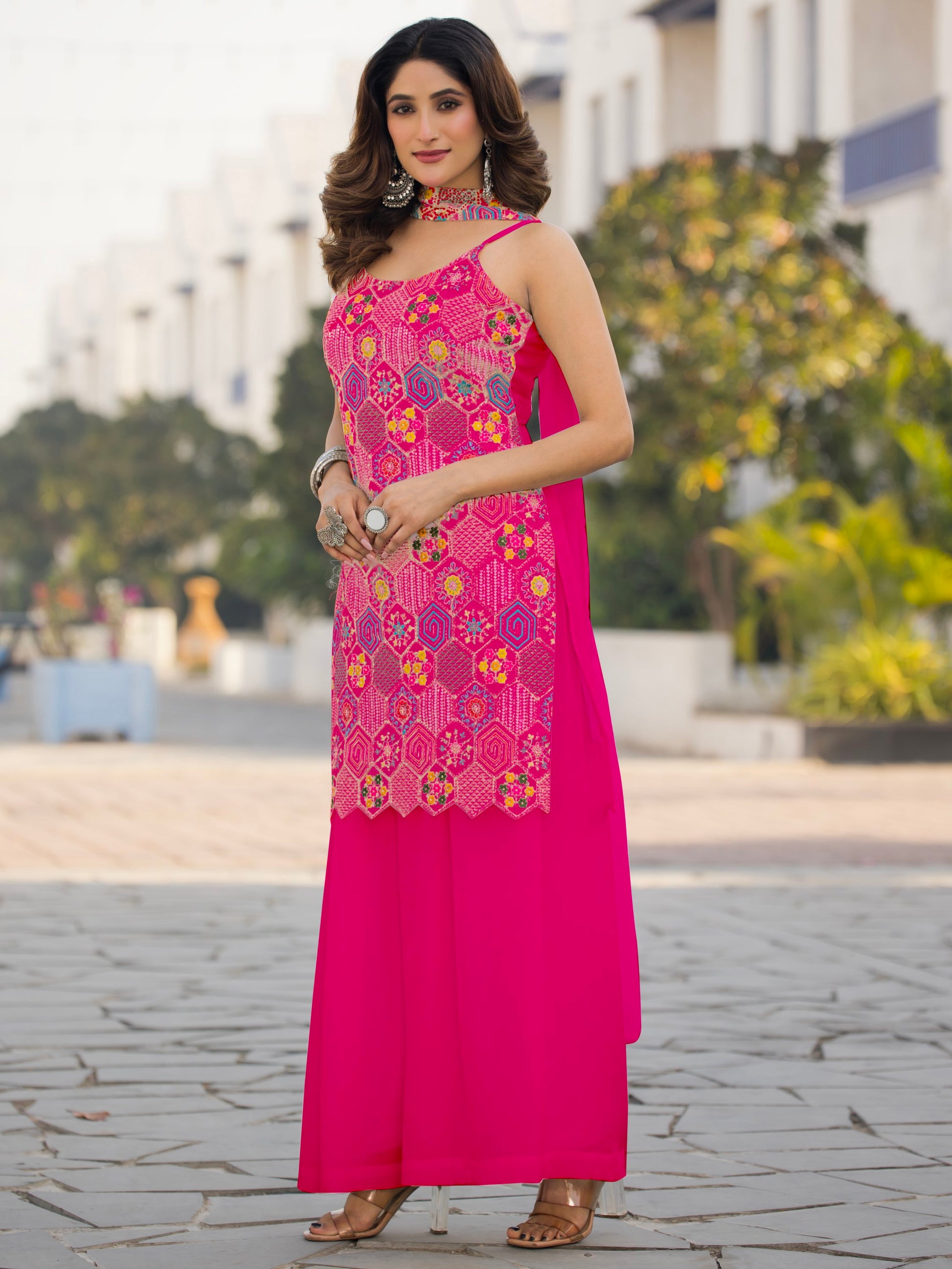 Pretty Pink Thread Embroidered Chinon Palazzo Suit With Dupatta