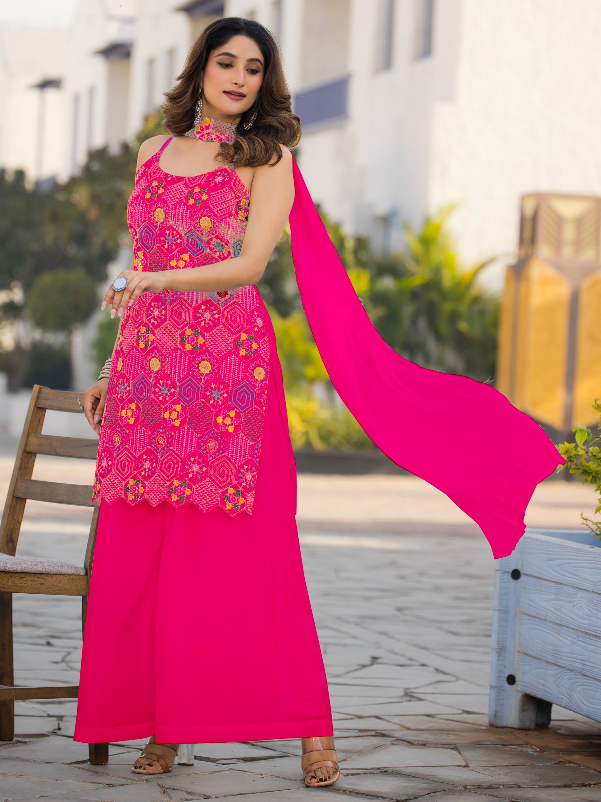 Pretty Pink Thread Embroidered Chinon Palazzo Suit With Dupatta