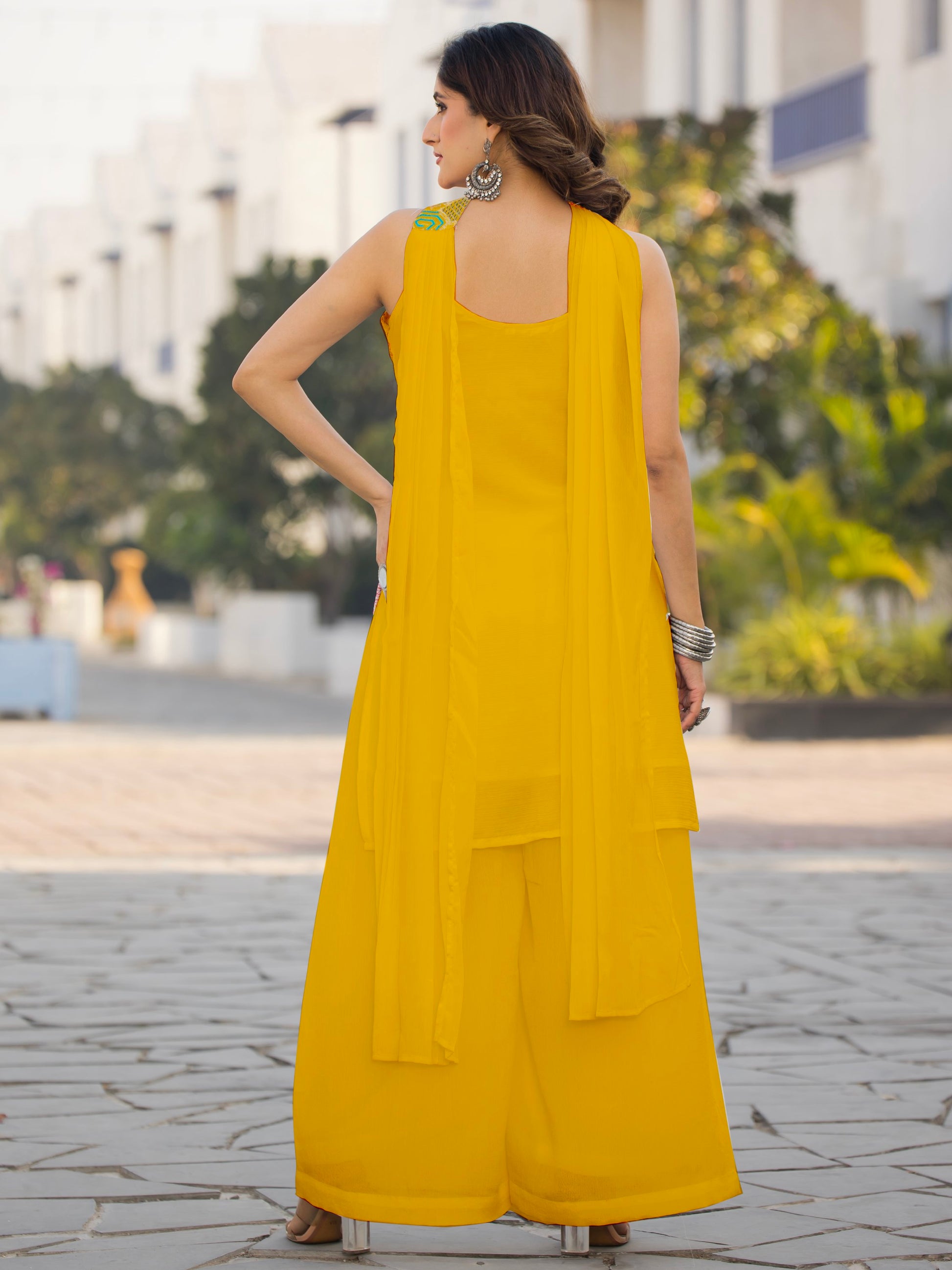 Awesome Mustard Yellow Sequins Work Chinon Haldi Wear Palazzo Suit