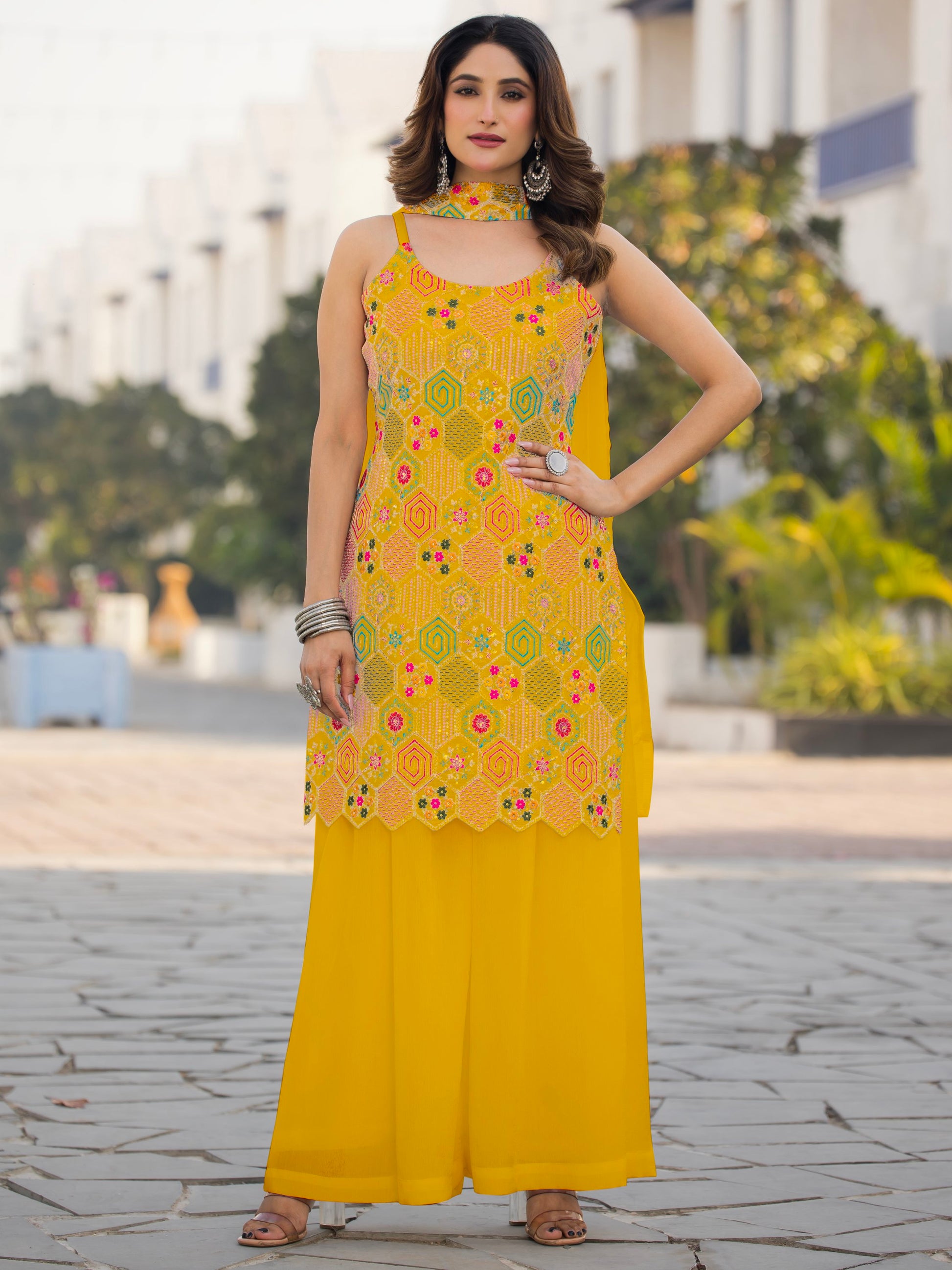 Awesome Mustard Yellow Sequins Work Chinon Haldi Wear Palazzo Suit