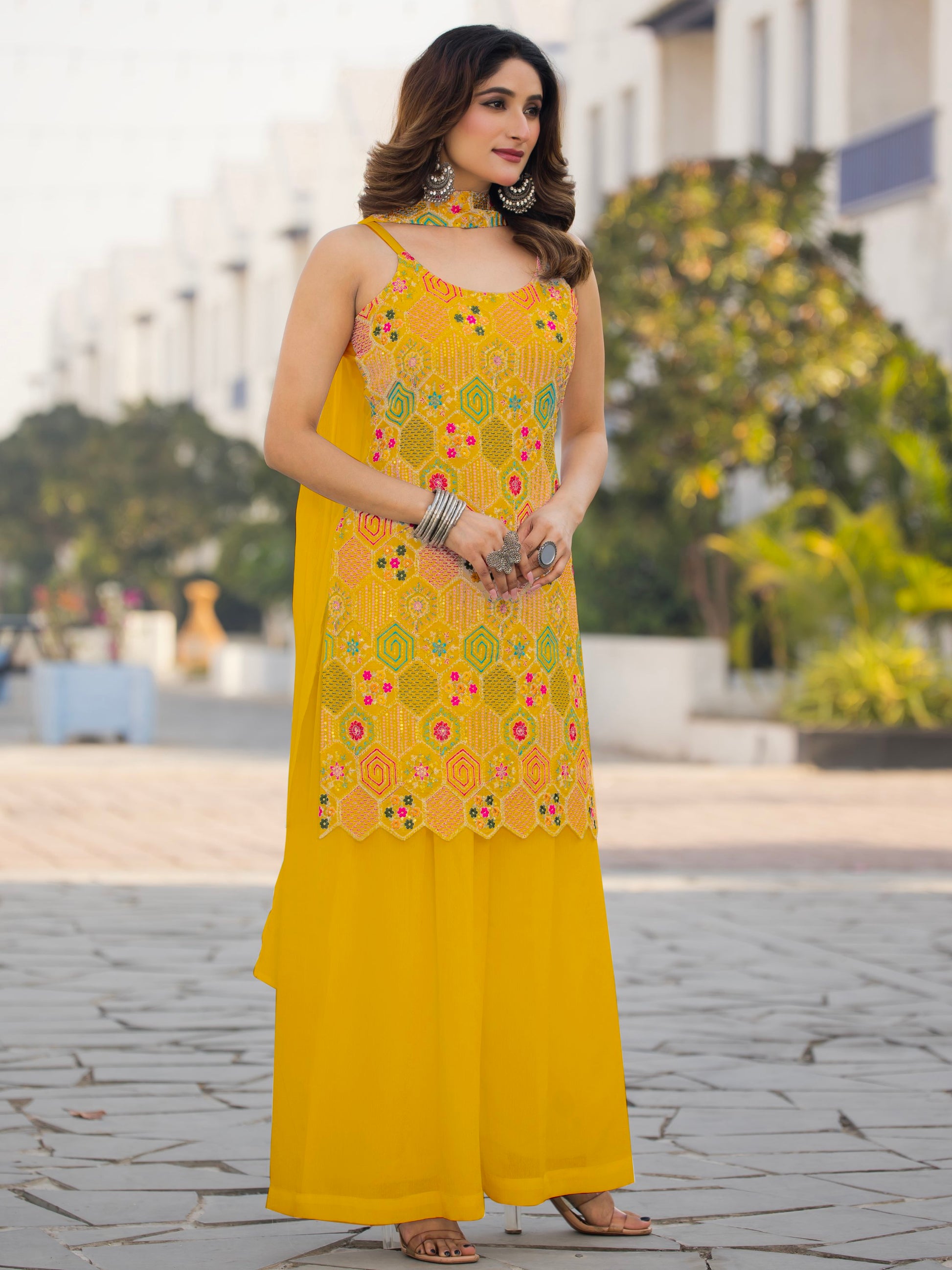 Awesome Mustard Yellow Sequins Work Chinon Haldi Wear Palazzo Suit