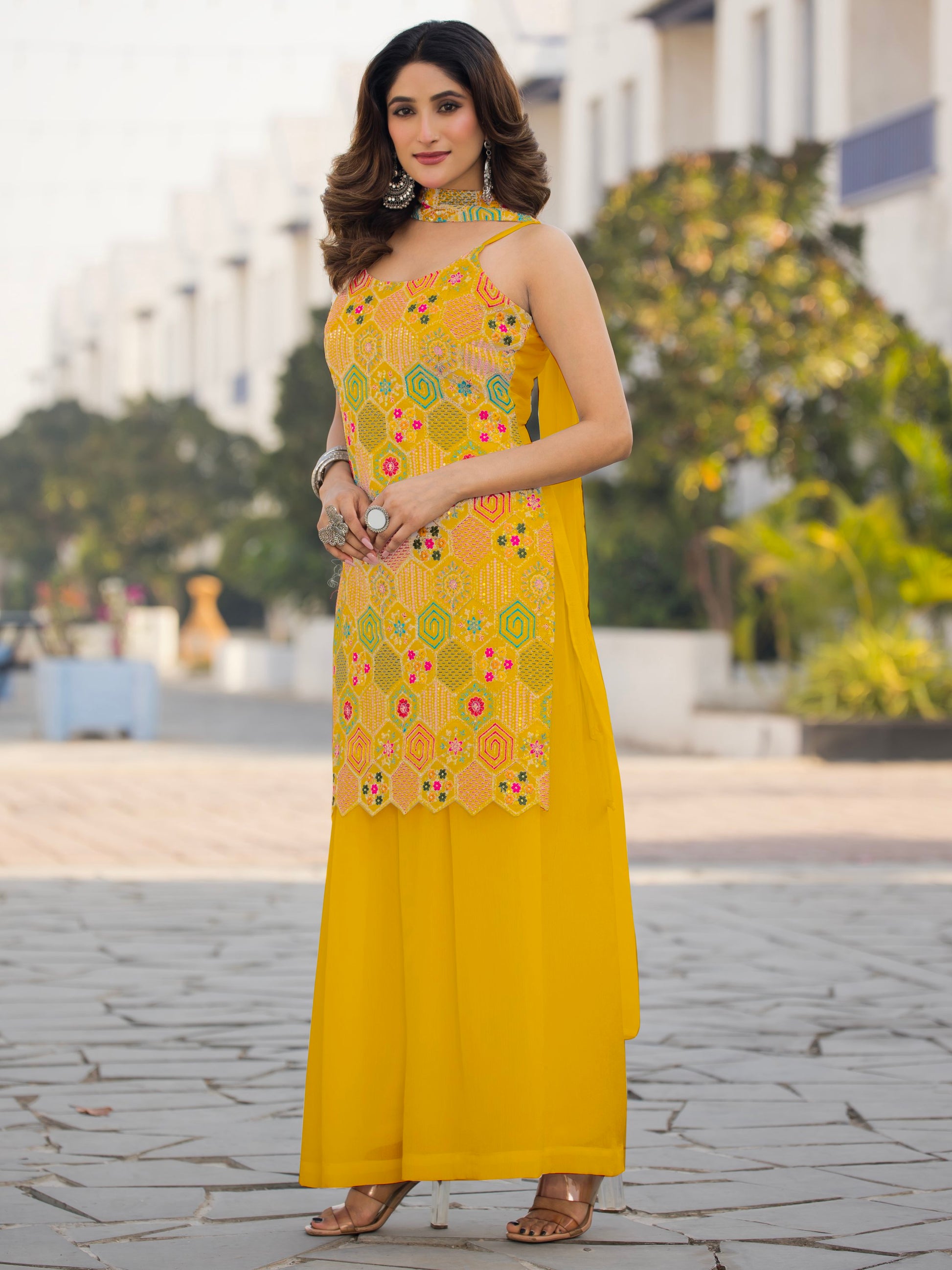 Awesome Mustard Yellow Sequins Work Chinon Haldi Wear Palazzo Suit