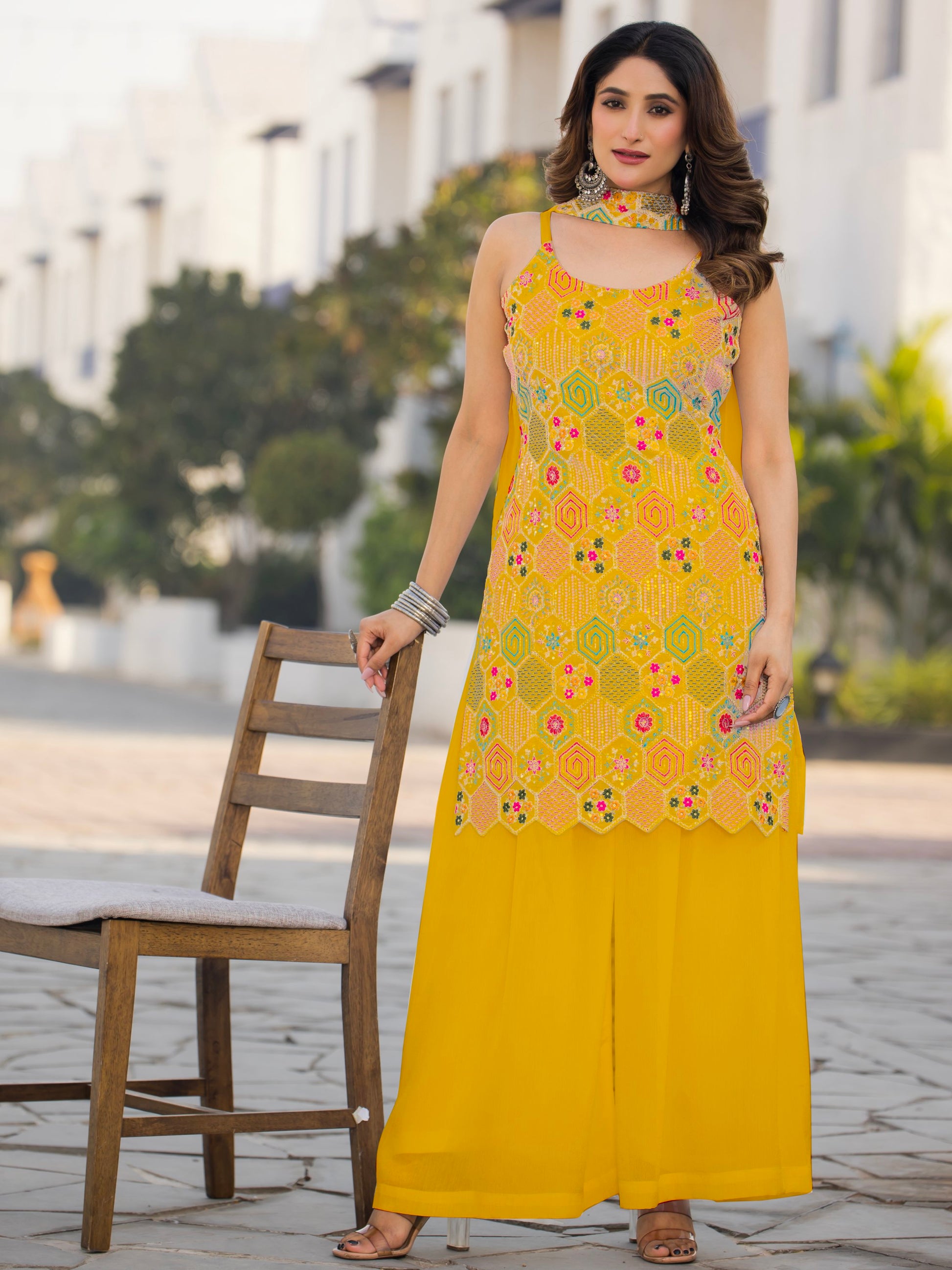 Awesome Mustard Yellow Sequins Work Chinon Haldi Wear Palazzo Suit