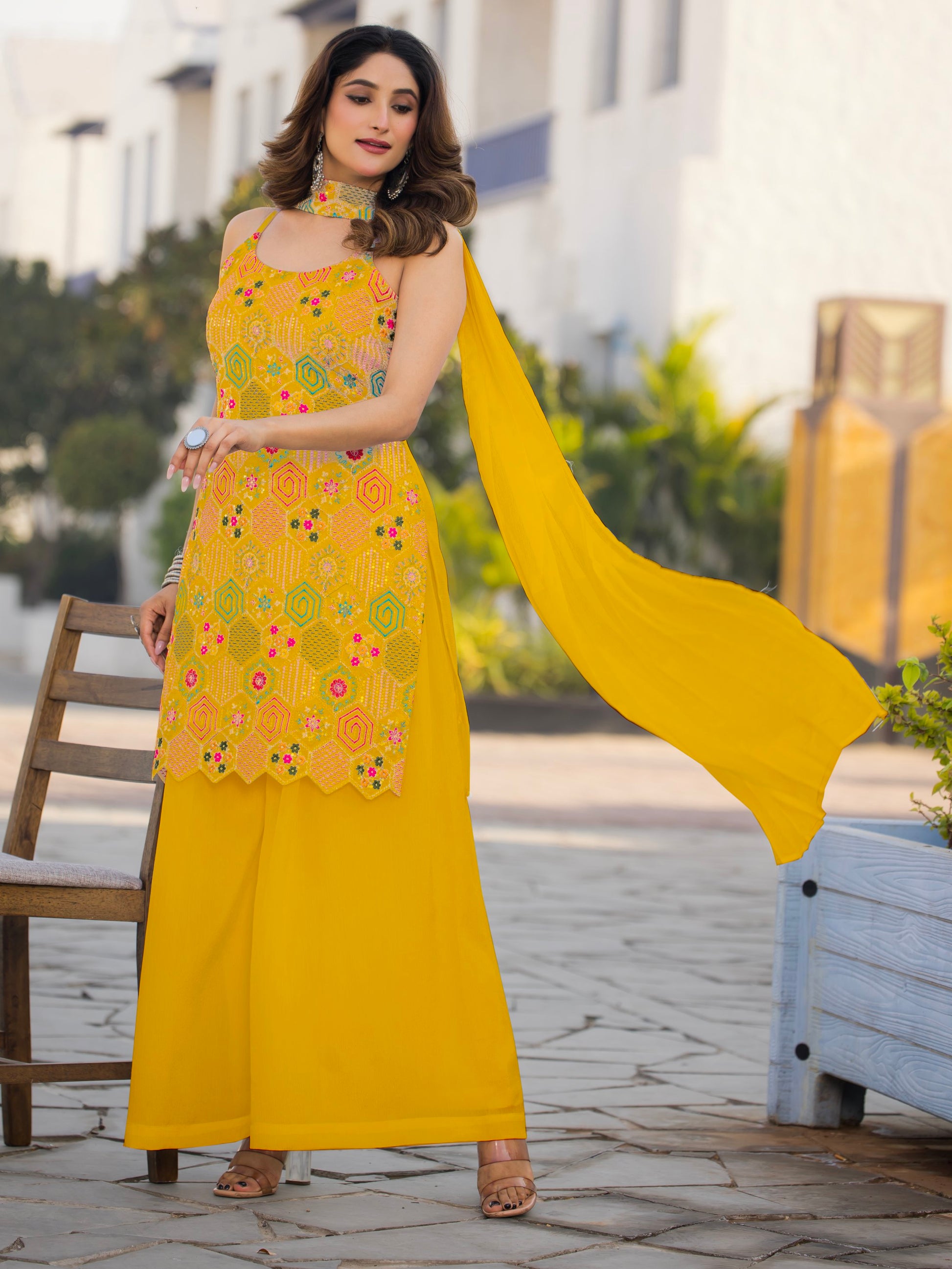 Awesome Mustard Yellow Sequins Work Chinon Haldi Wear Palazzo Suit