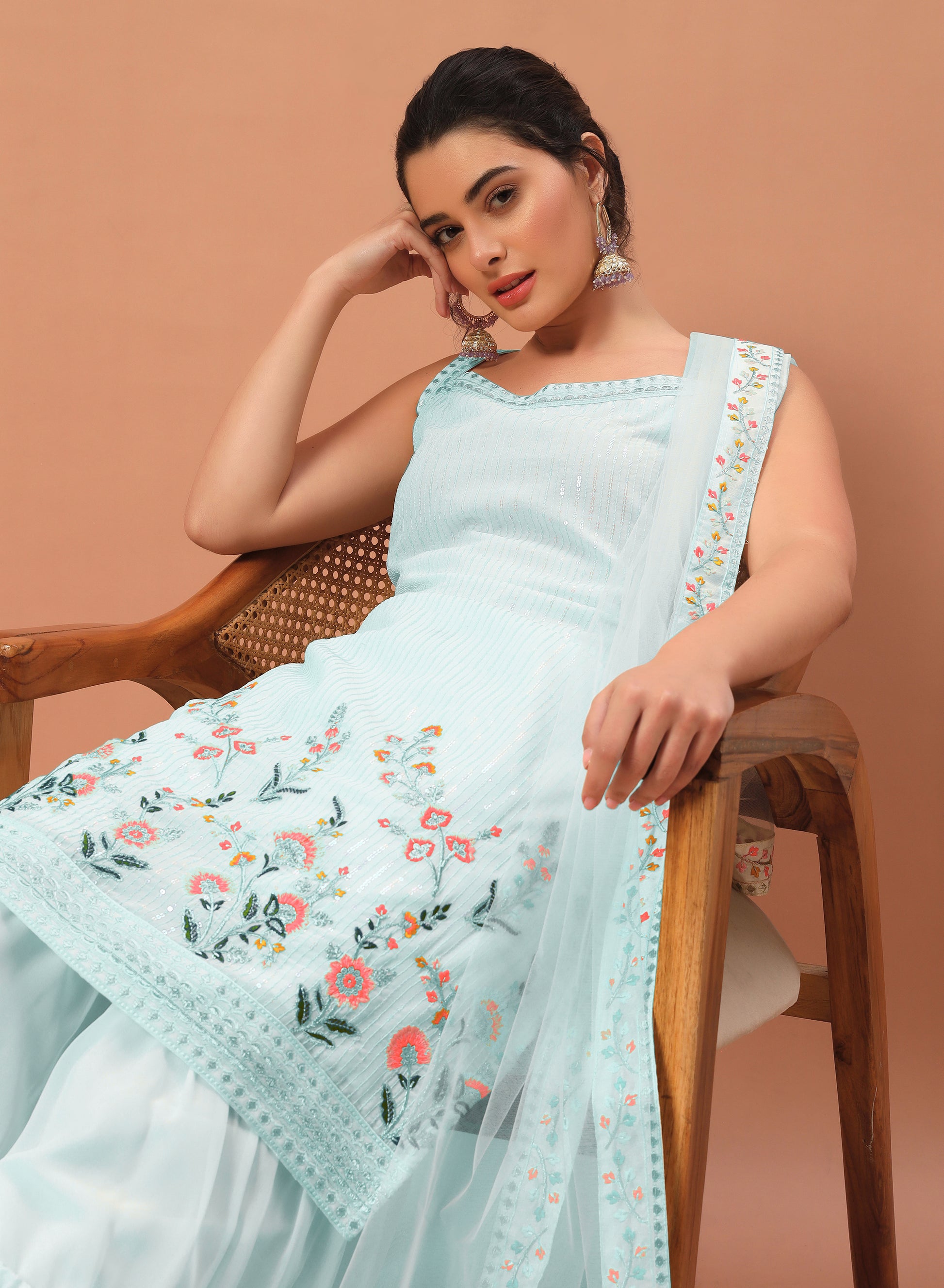 Fascinating Sky-Blue Sequins Georgette Festive Wear Sharara Suit