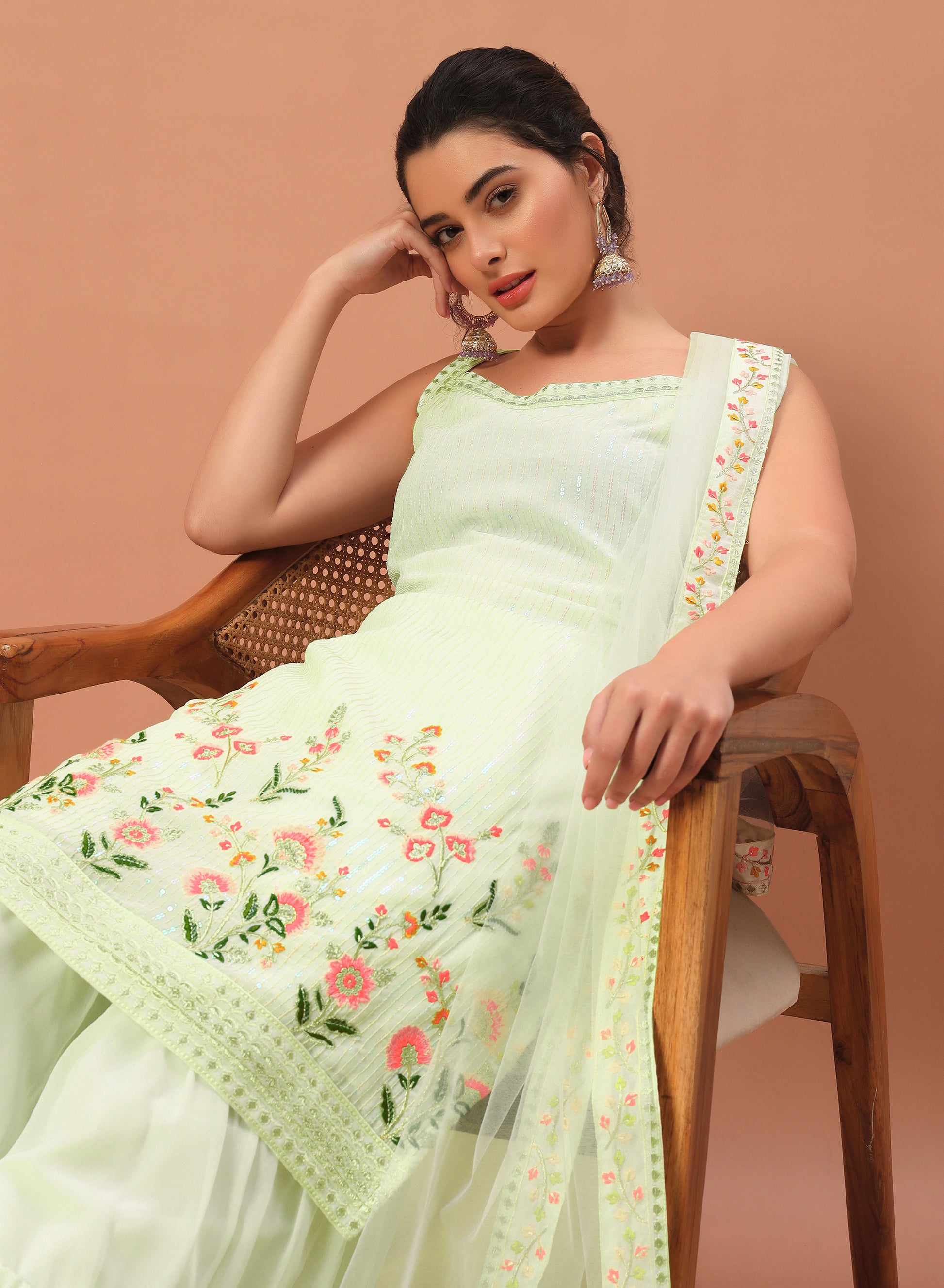 Adorable Pista Green Sequins Georgette Sharara Suit with Dupatta