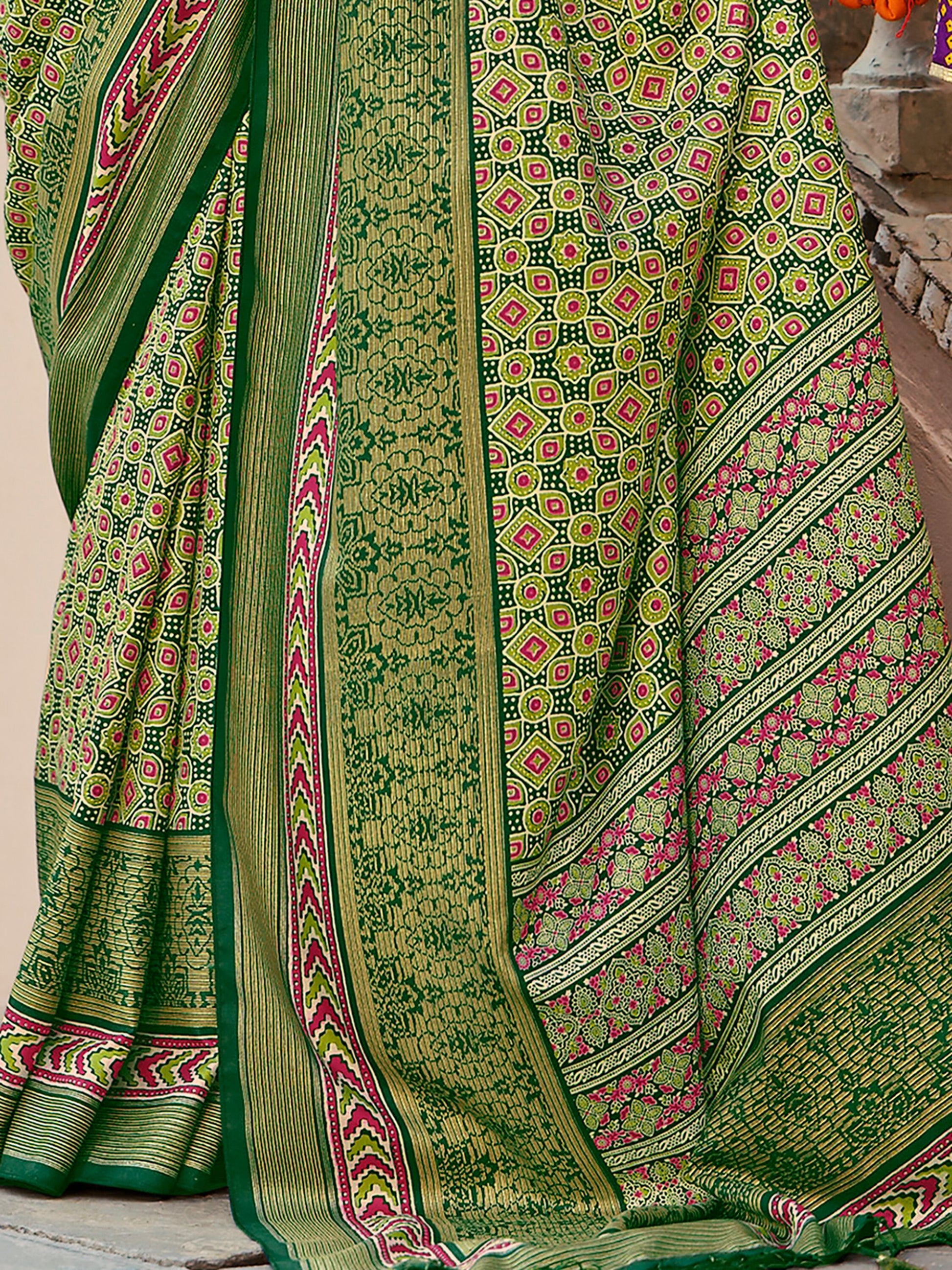 Beautiful Green Digital Printed Silk Event Wear Saree With Blouse