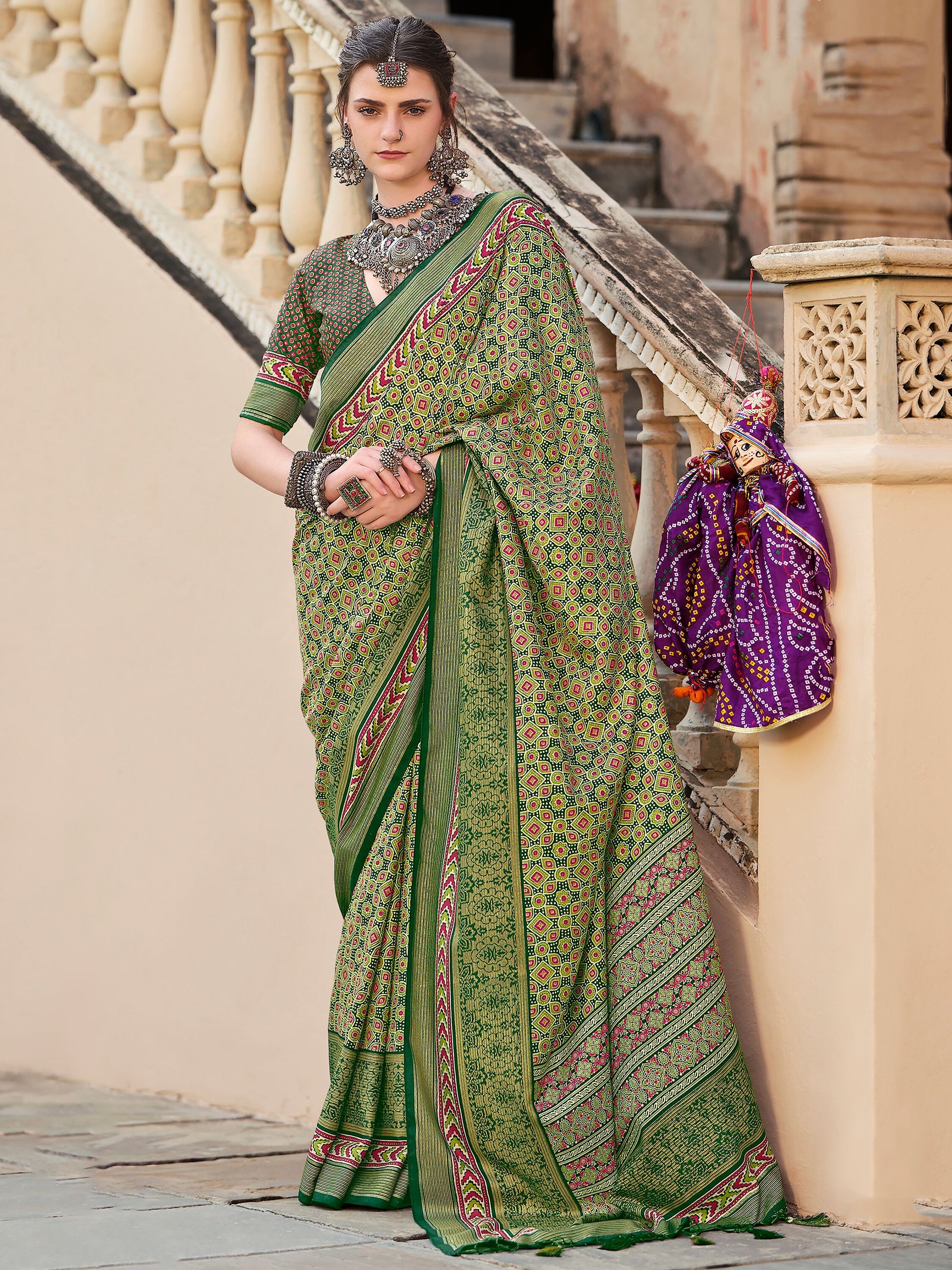 Beautiful Green Digital Printed Silk Event Wear Saree With Blouse