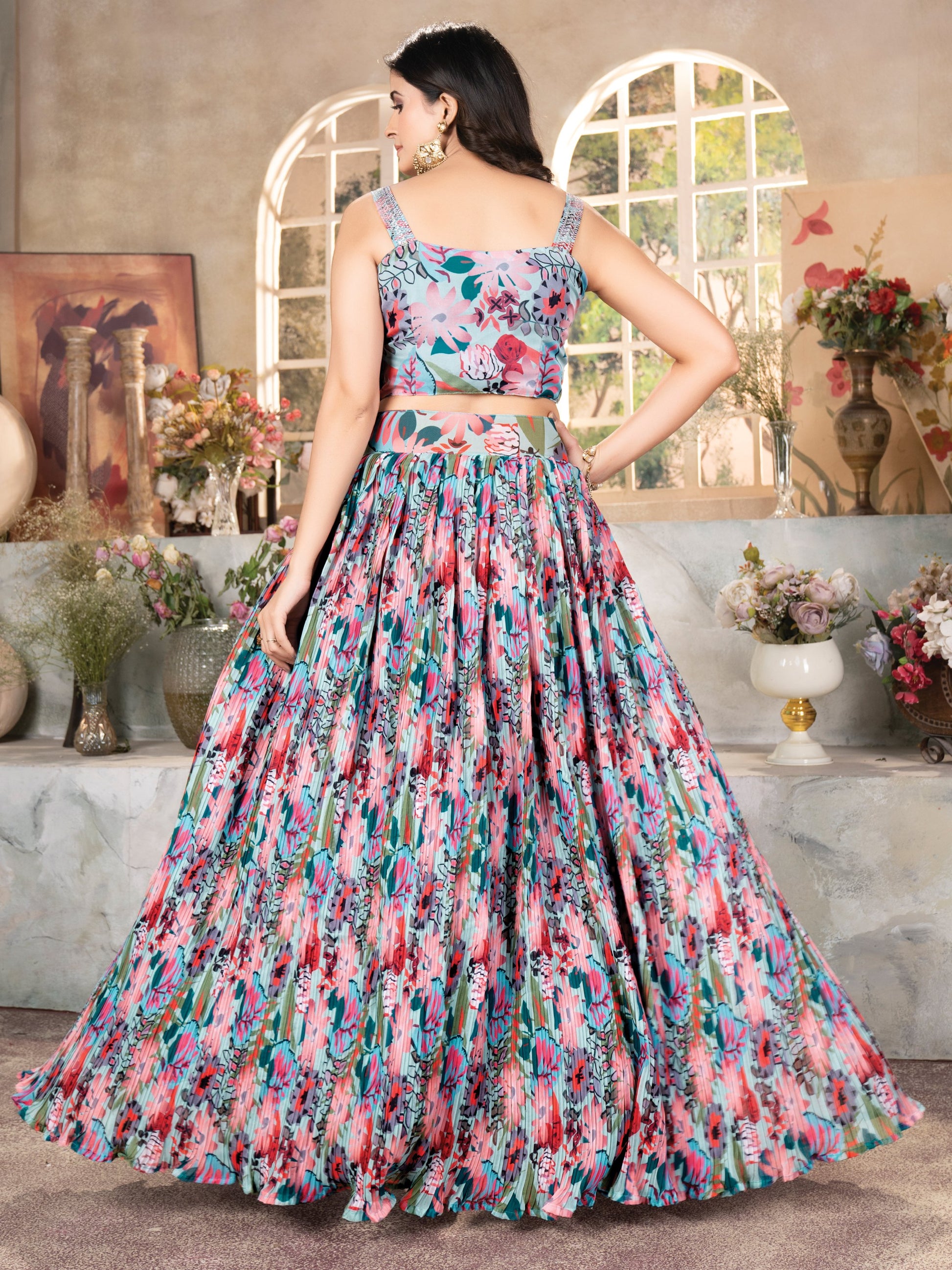Bewitching Multicolor Floral Printed Organza Crush Lehenga Choli