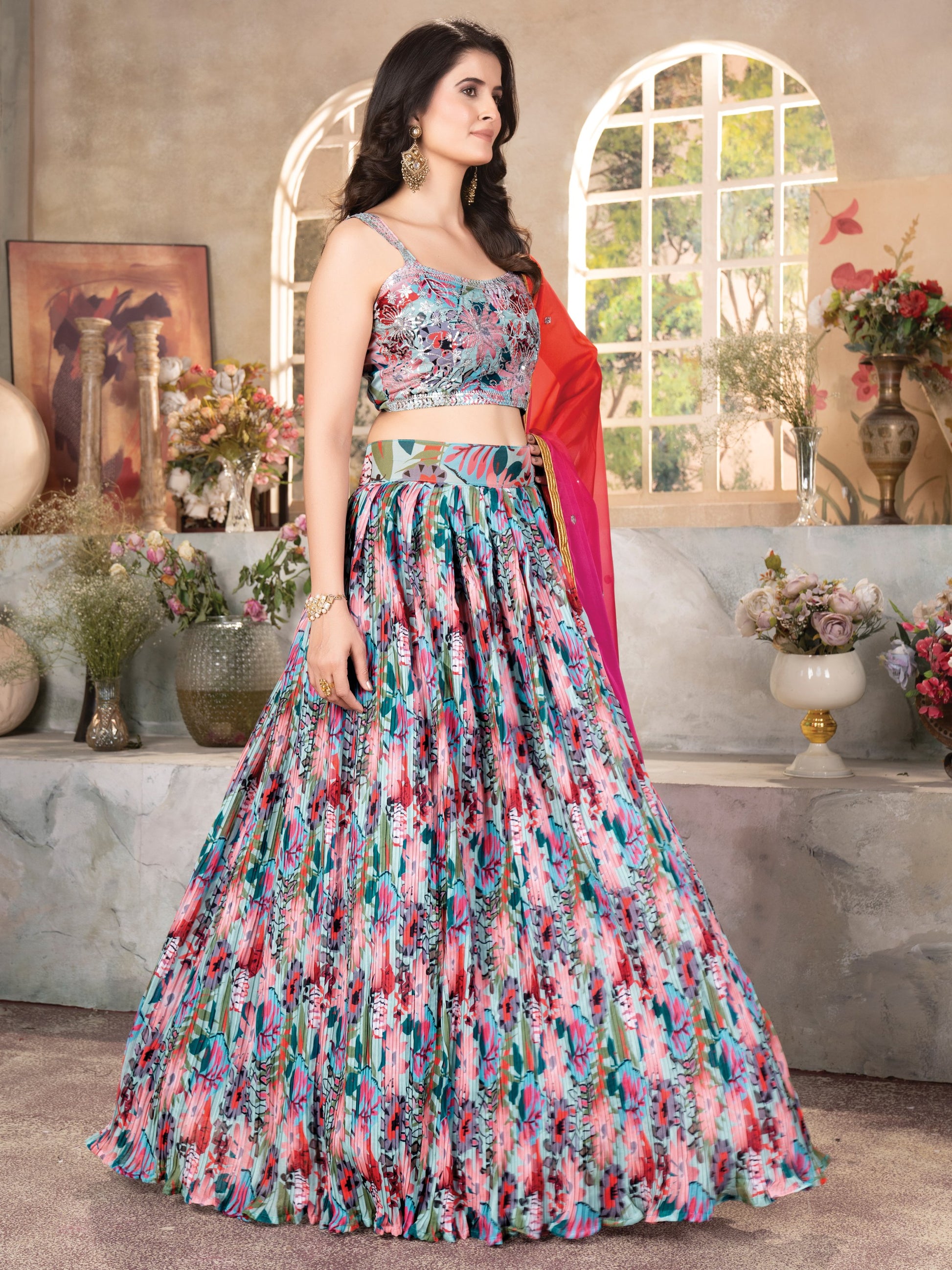 Bewitching Multicolor Floral Printed Organza Crush Lehenga Choli