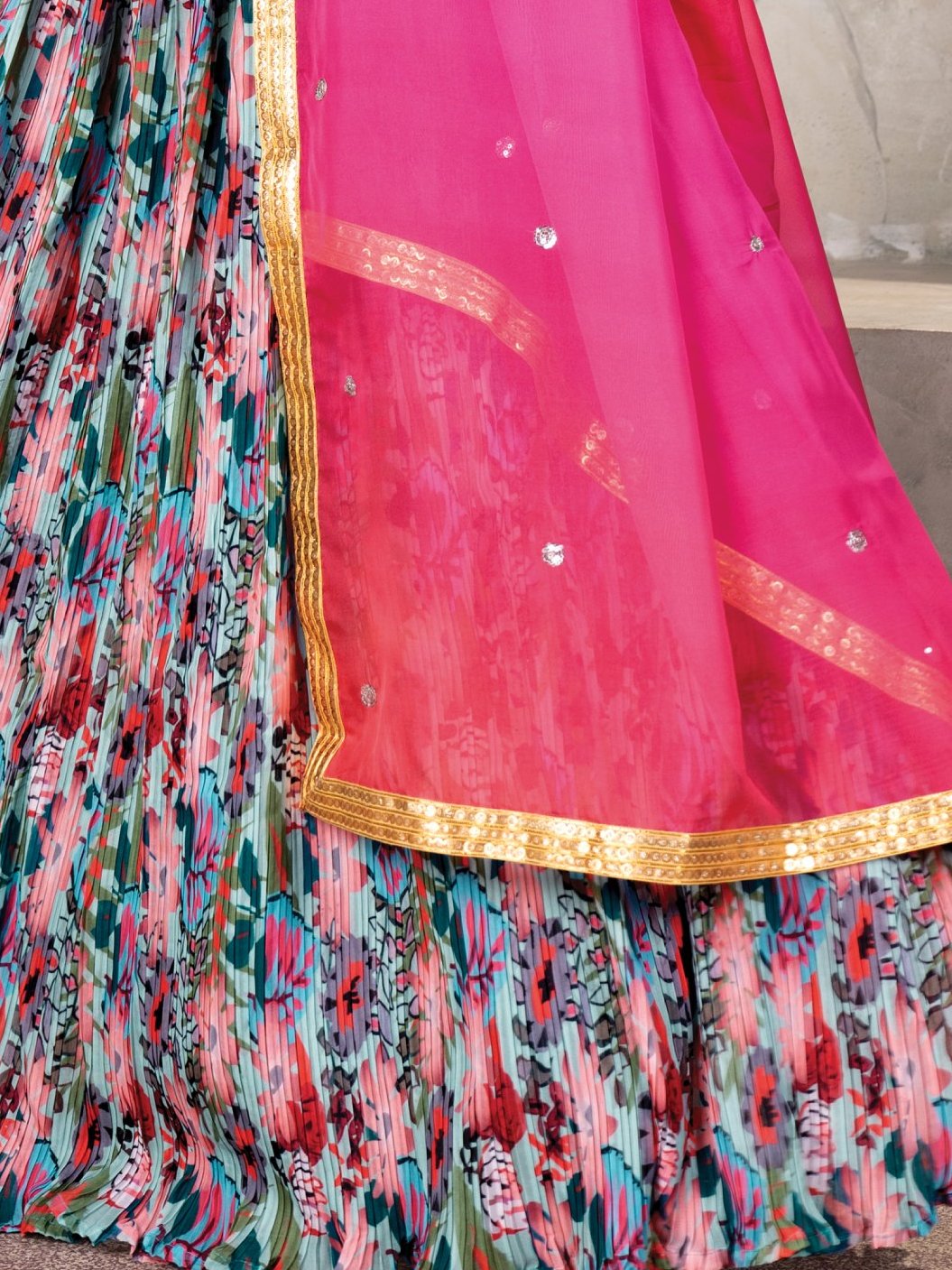 Bewitching Multicolor Floral Printed Organza Crush Lehenga Choli