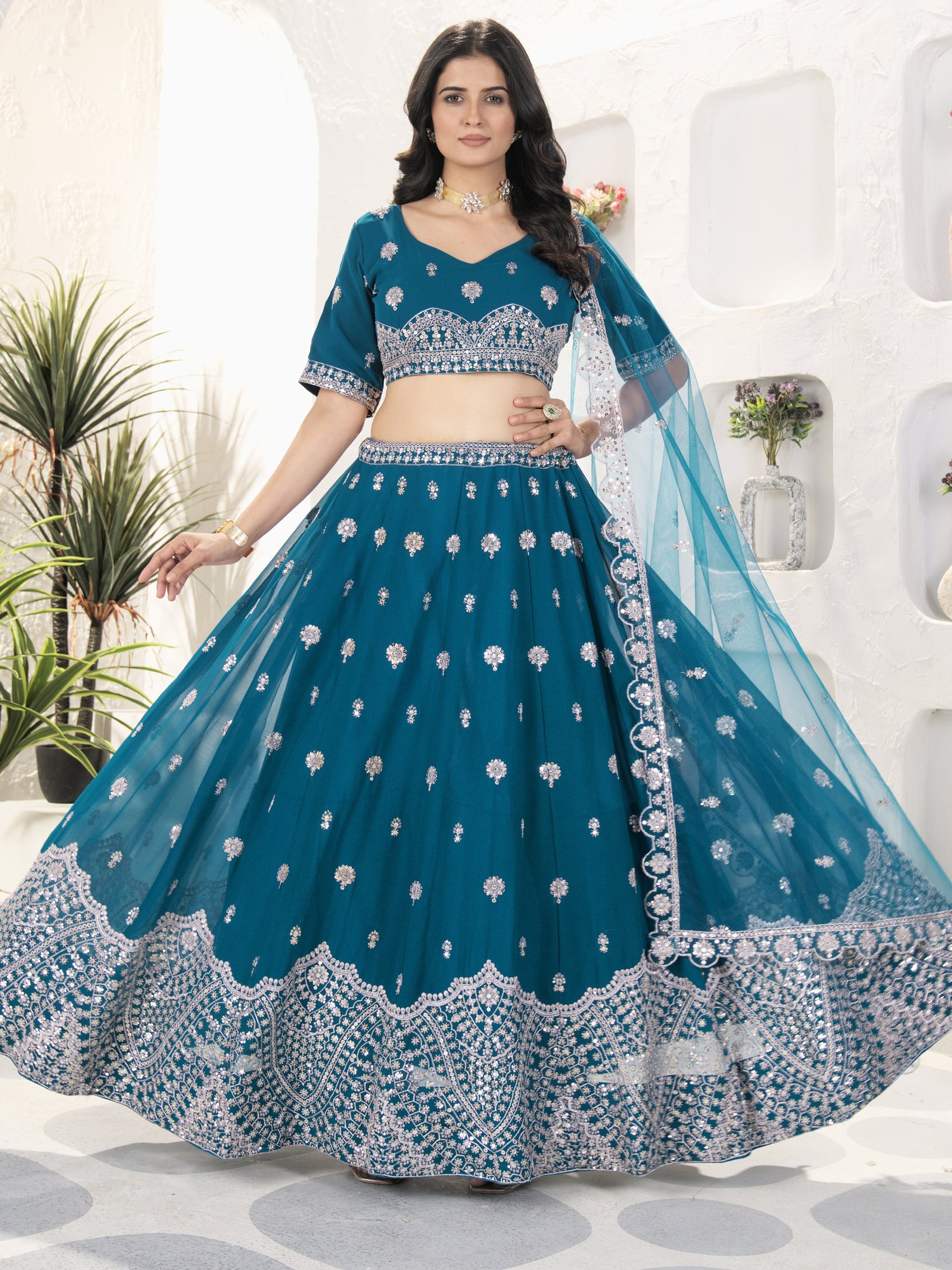 Elegant Teal Blue Sequins Work Georgette Wedding Wear Lehenga Choli With Dupatta