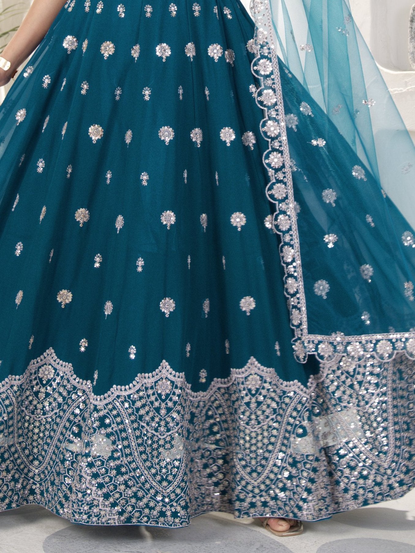 Elegant Teal Blue Sequins Work Georgette Wedding Wear Lehenga Choli With Dupatta