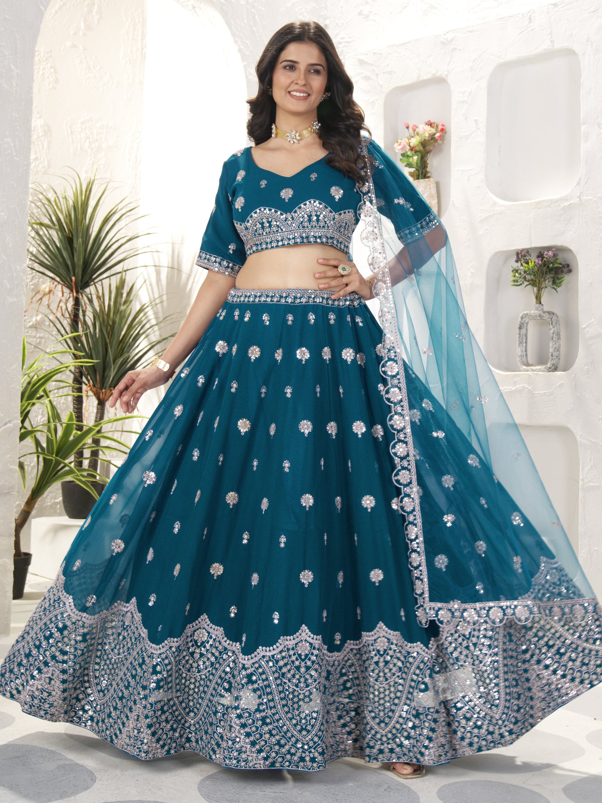 Elegant Teal Blue Sequins Work Georgette Wedding Wear Lehenga Choli With Dupatta