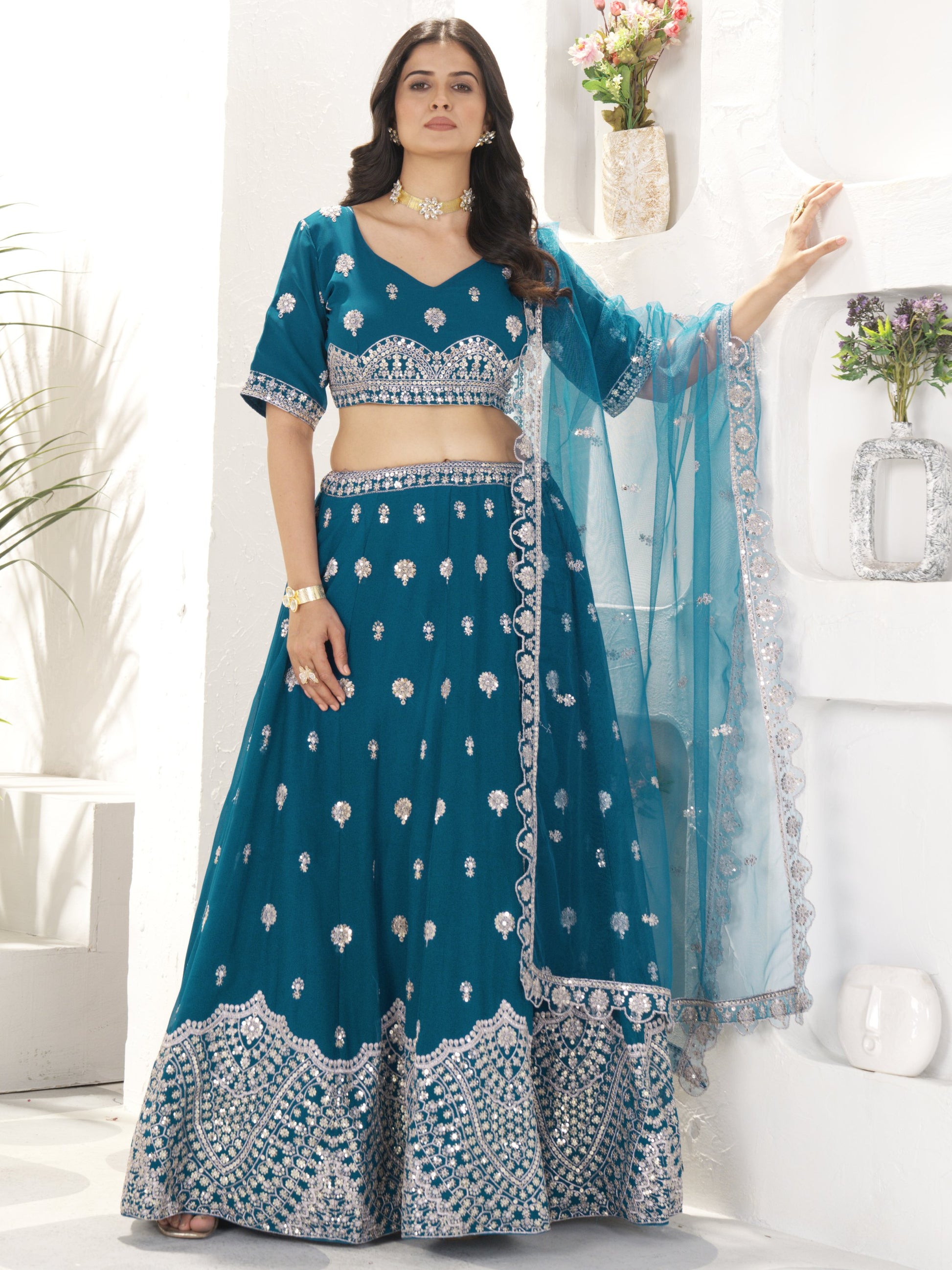Elegant Teal Blue Sequins Work Georgette Wedding Wear Lehenga Choli With Dupatta