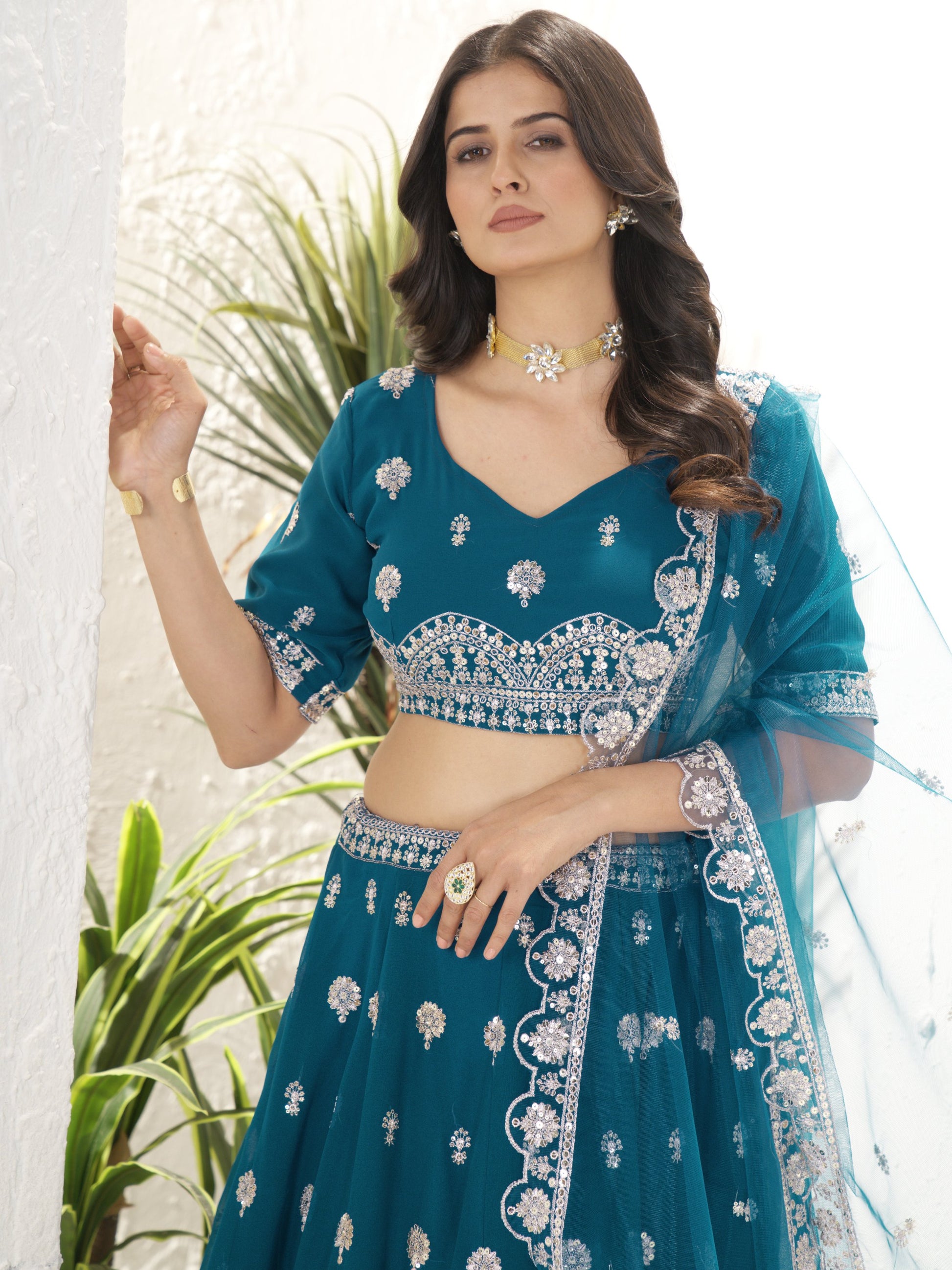 Elegant Teal Blue Sequins Work Georgette Wedding Wear Lehenga Choli With Dupatta