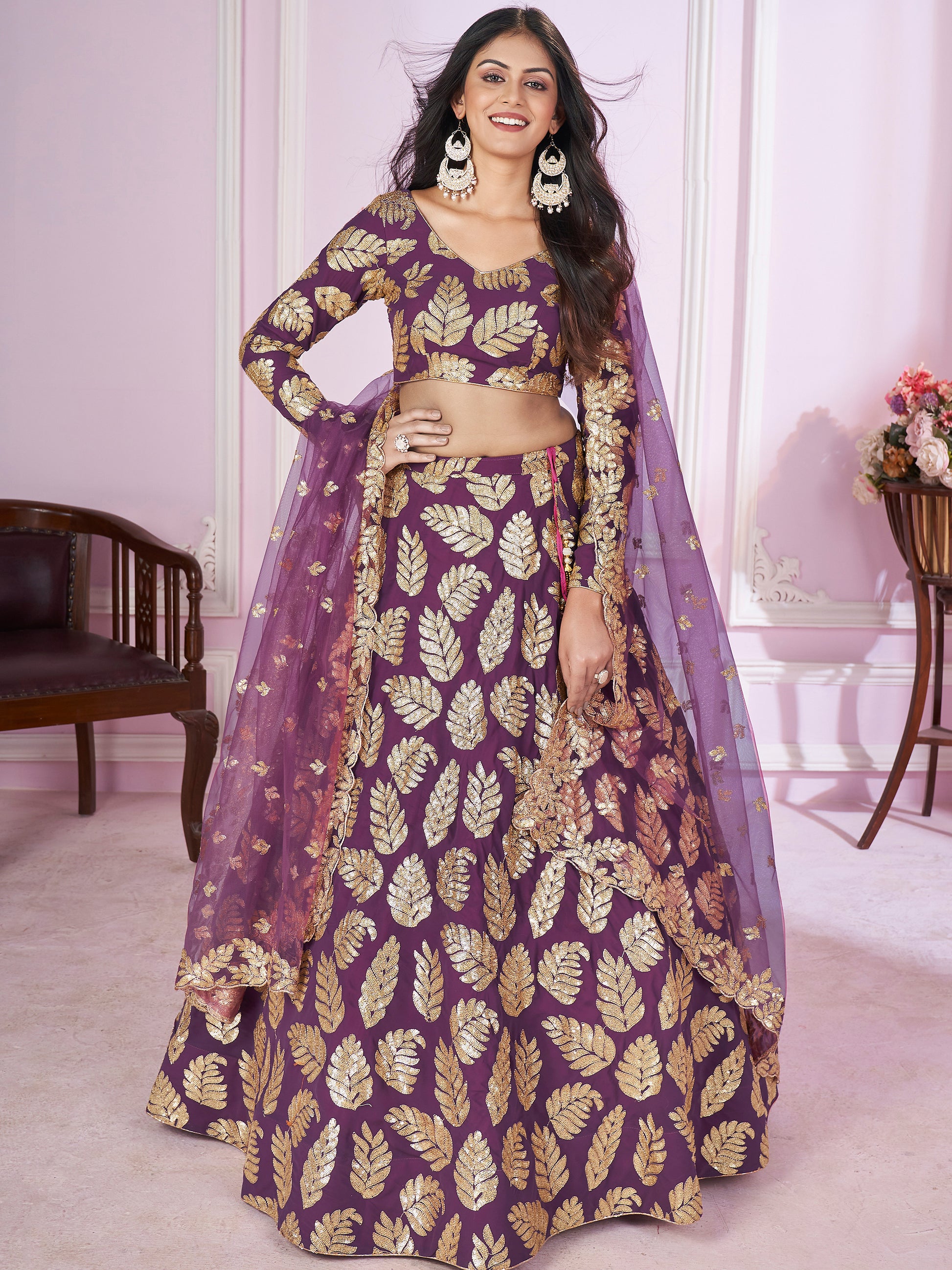 Attractive Purple Sequins Georgette Wedding Lehenga Choli