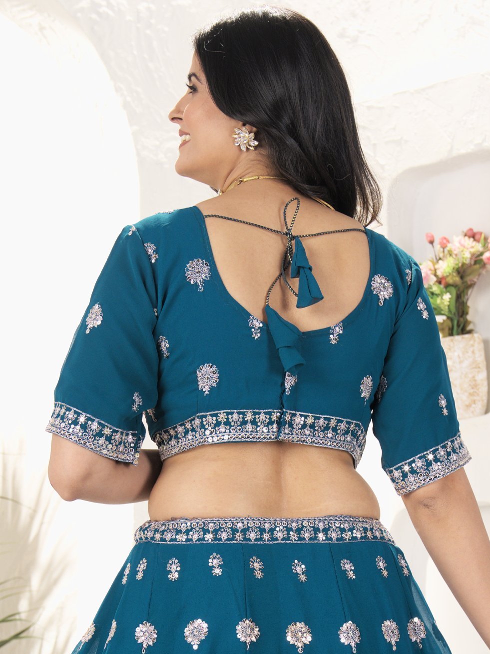 Elegant Teal Blue Sequins Work Georgette Wedding Wear Lehenga Choli With Dupatta