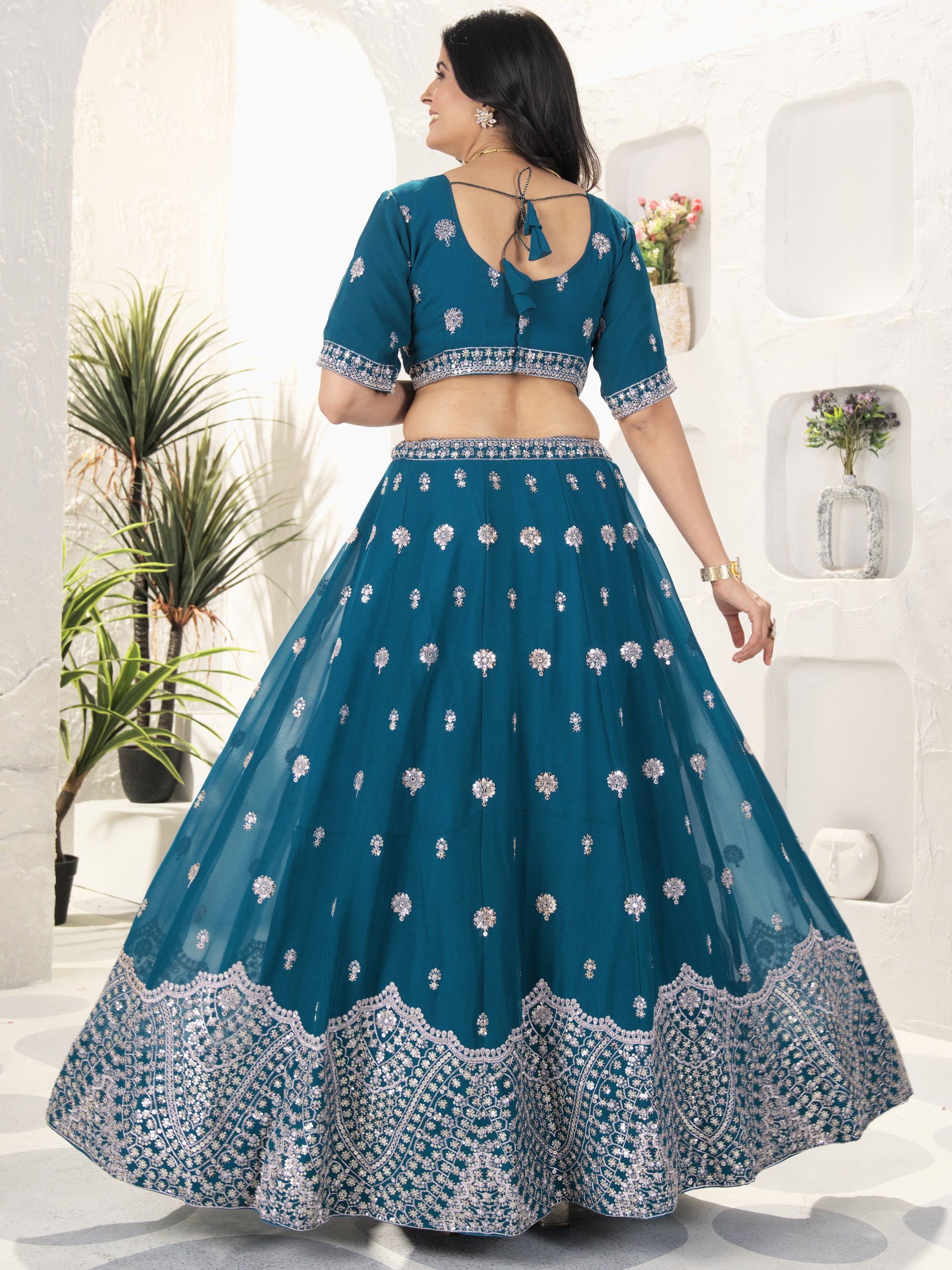 Elegant Teal Blue Sequins Work Georgette Wedding Wear Lehenga Choli With Dupatta