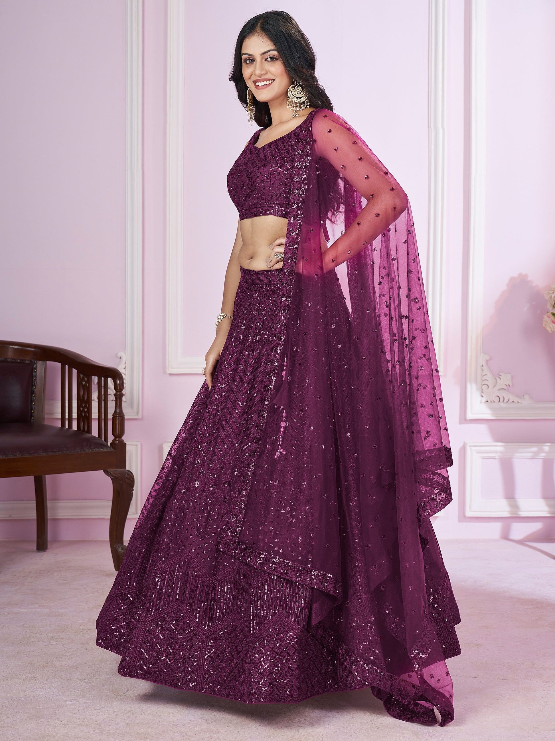 Gorgeous Purple Sequins Net Designer Lehenga Choli With Dupatta