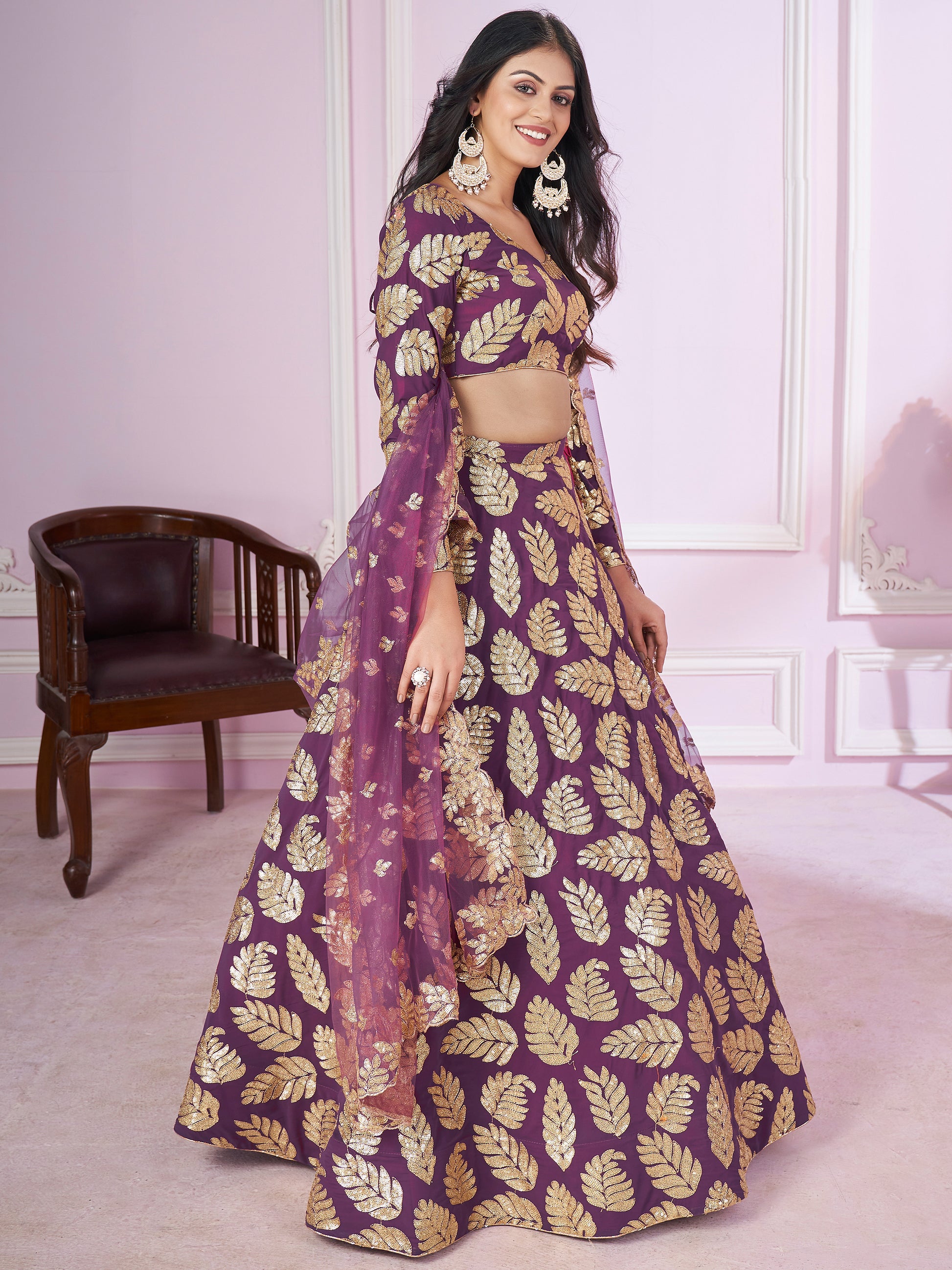 Attractive Purple Sequins Georgette Wedding Lehenga Choli
