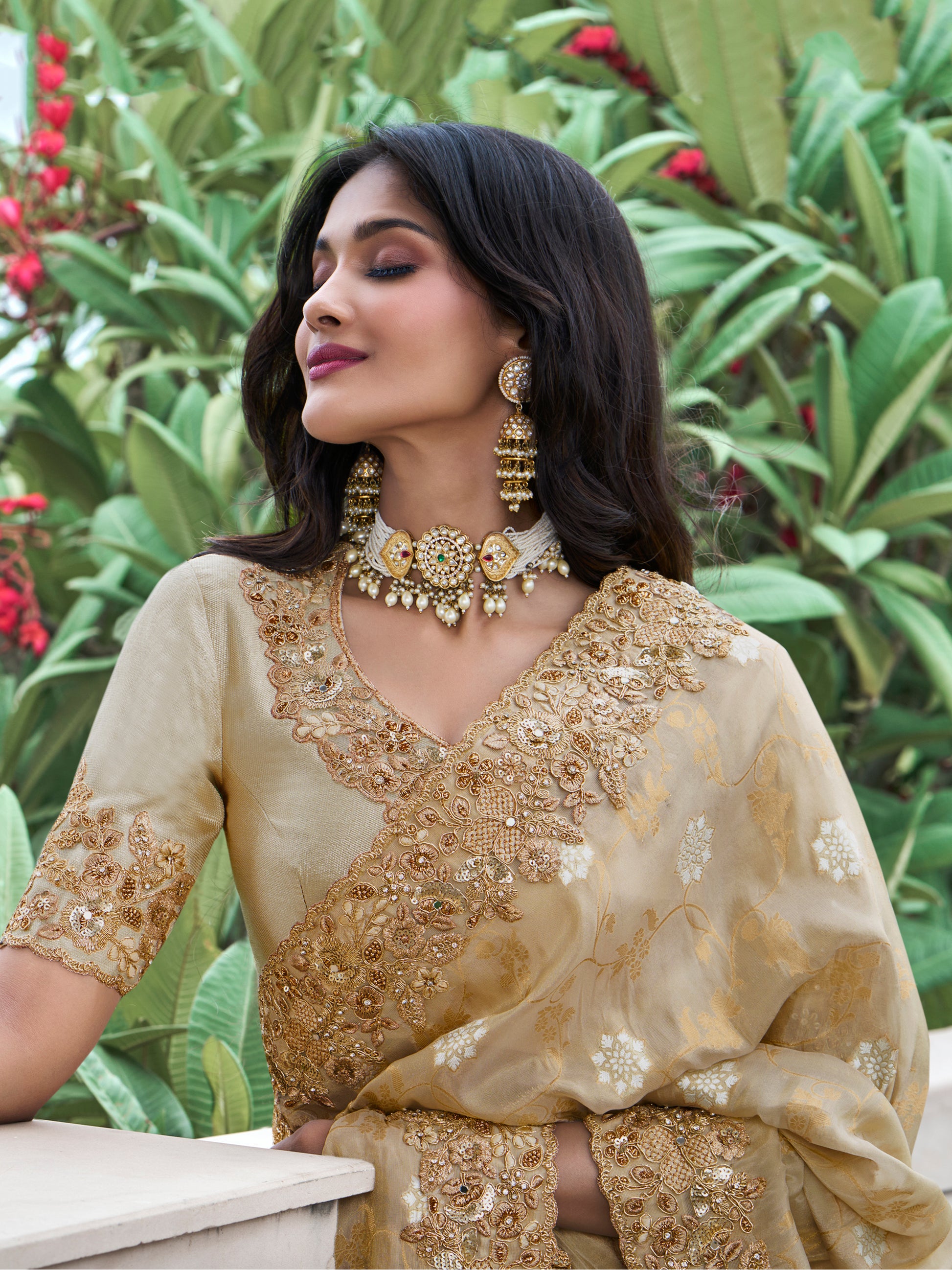 Amazing Cream Zari Woven Organza Silk Wedding Saree With Blouse