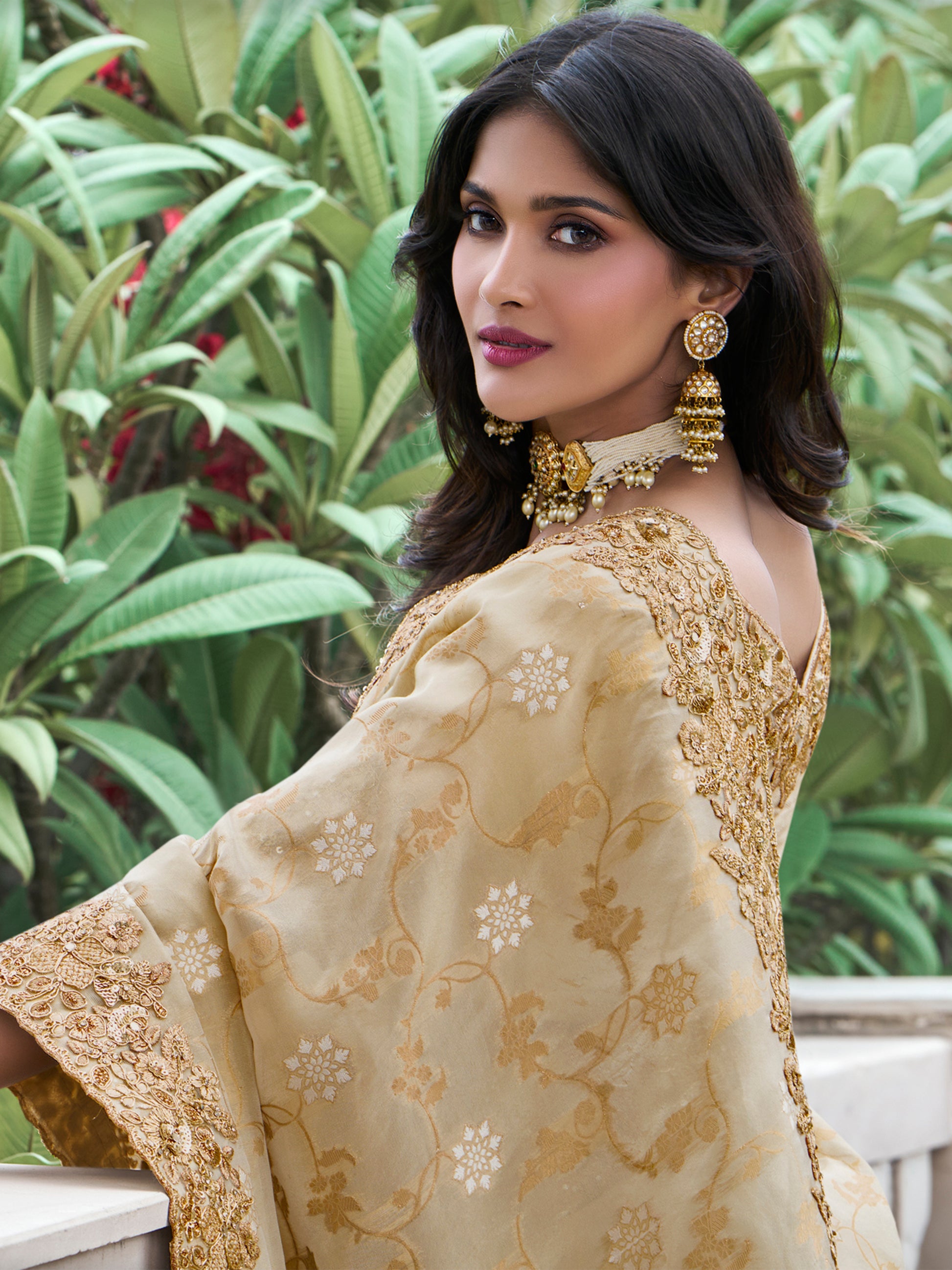 Amazing Cream Zari Woven Organza Silk Wedding Saree With Blouse