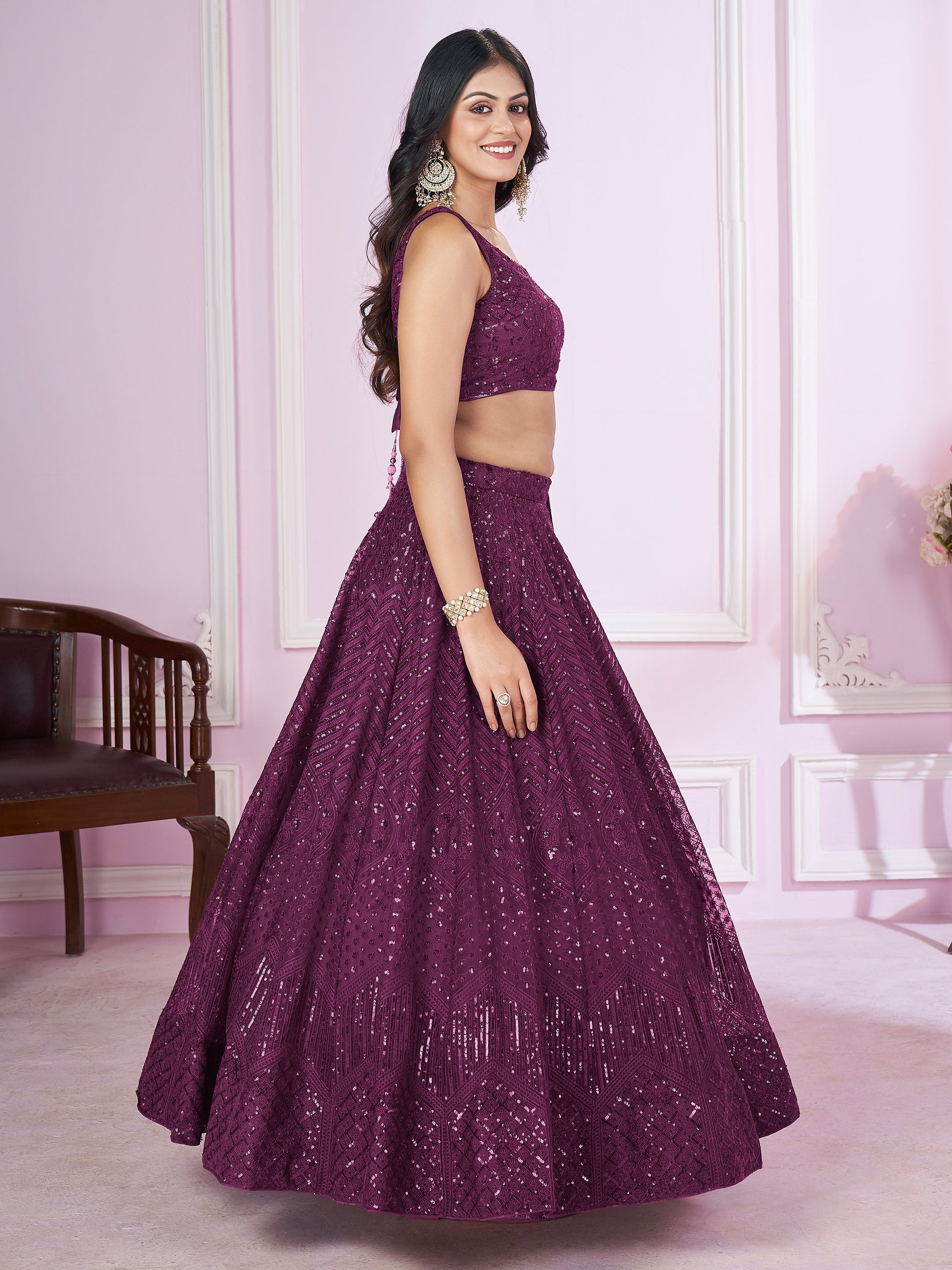 Gorgeous Purple Sequins Net Designer Lehenga Choli With Dupatta