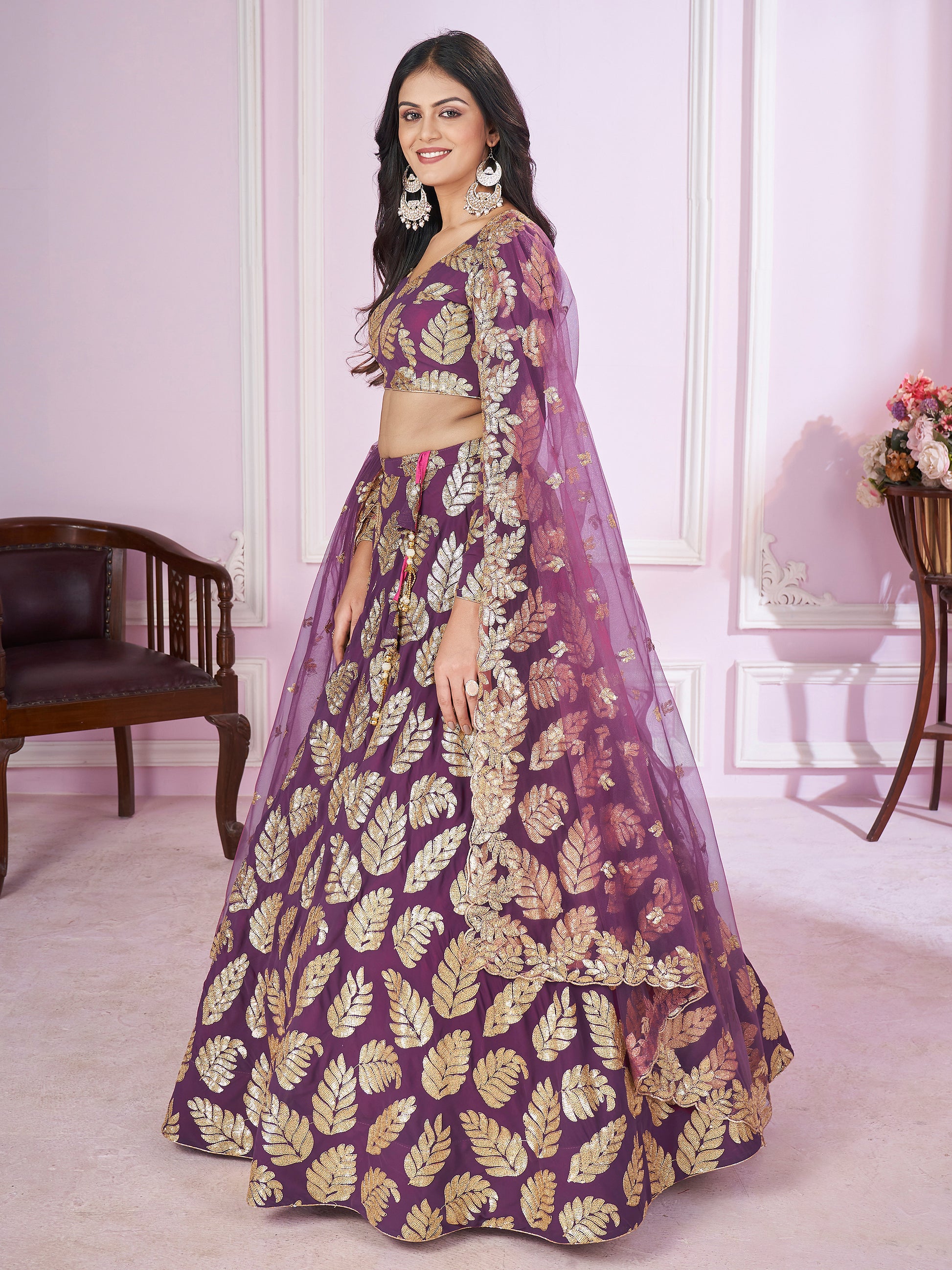 Attractive Purple Sequins Georgette Wedding Lehenga Choli