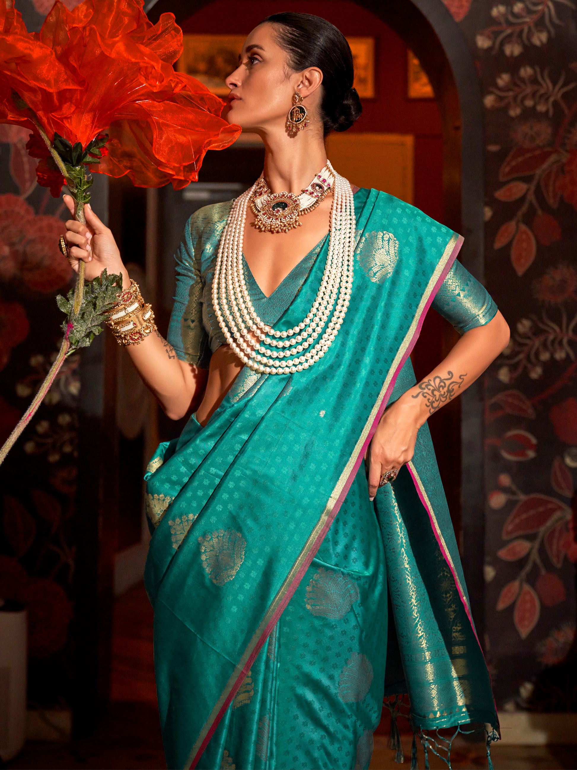 Gorgeous Teal Green Weaving Silk Festival Wear Saree With Blouse