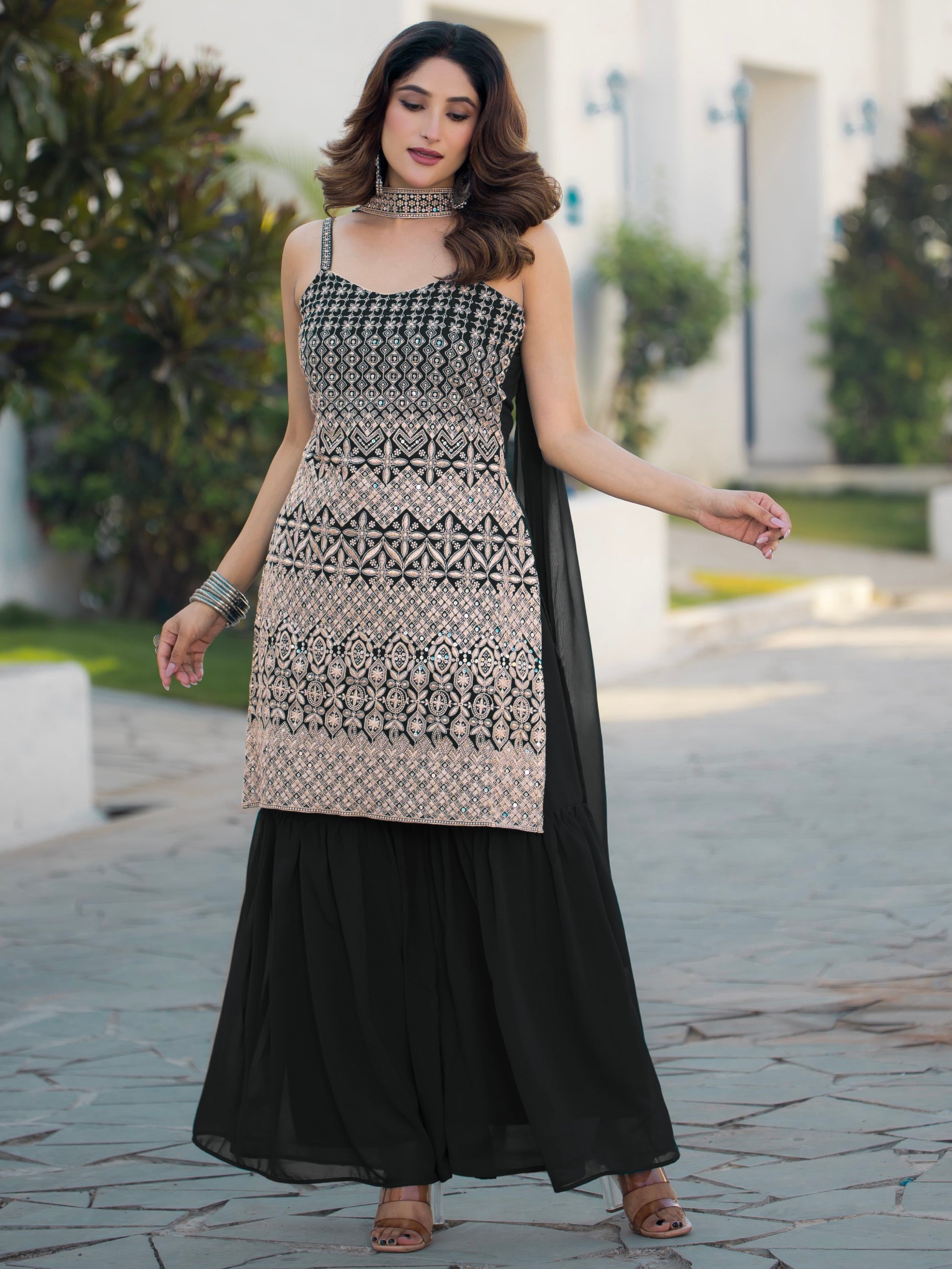 Marvelous Black Thread Embroidered Georgette Sharara Suit With Dupatta