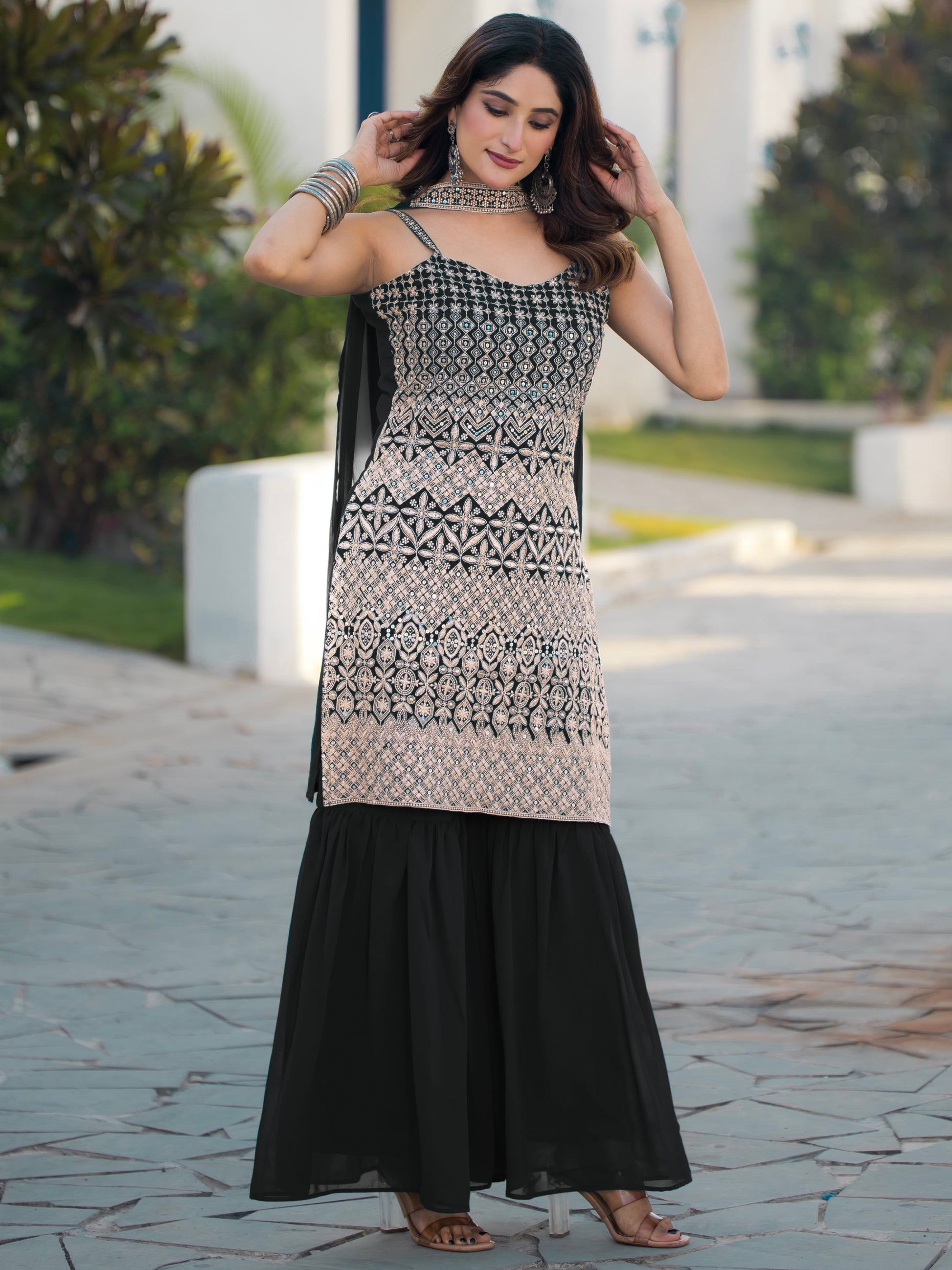 Marvelous Black Thread Embroidered Georgette Sharara Suit With Dupatta